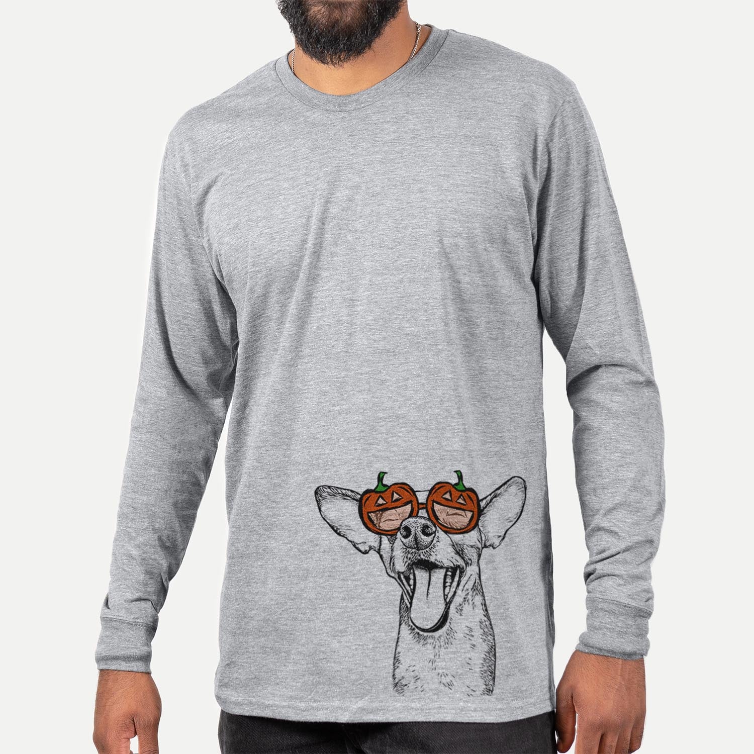 Hand-drawn sketch of Sweet Bailey the Chihuahua Mix wearing pumpkin glasses on a Grey pumpkin collection, hanging on a wall