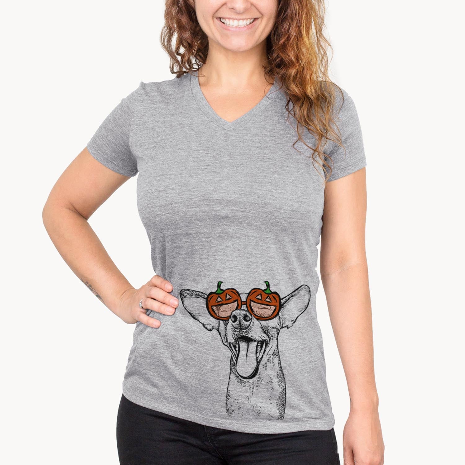Hand-drawn sketch of Sweet Bailey the Chihuahua Mix wearing pumpkin glasses on a Grey pumpkin collection