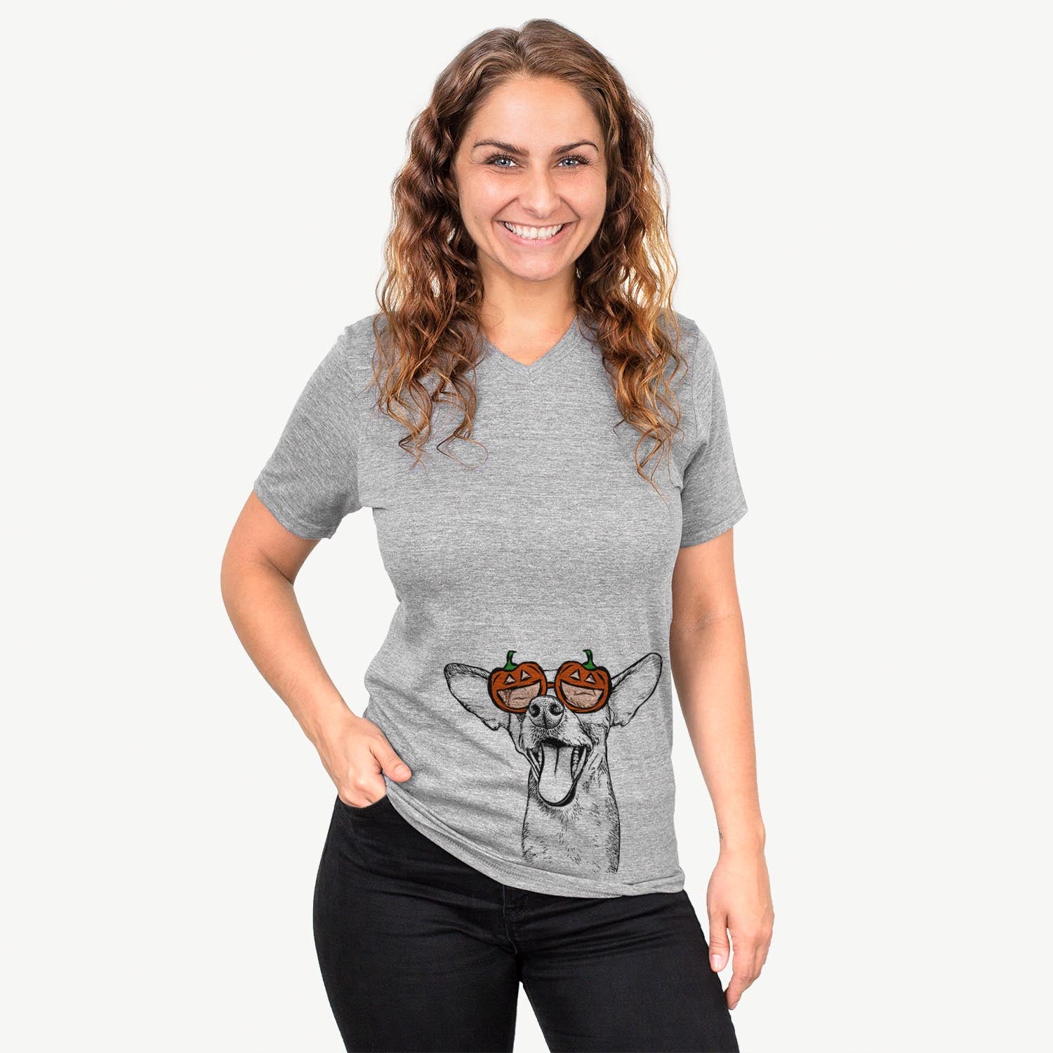 Hand-drawn sketch of Sweet Bailey the Chihuahua Mix wearing pumpkin glasses on a Grey pumpkin collection