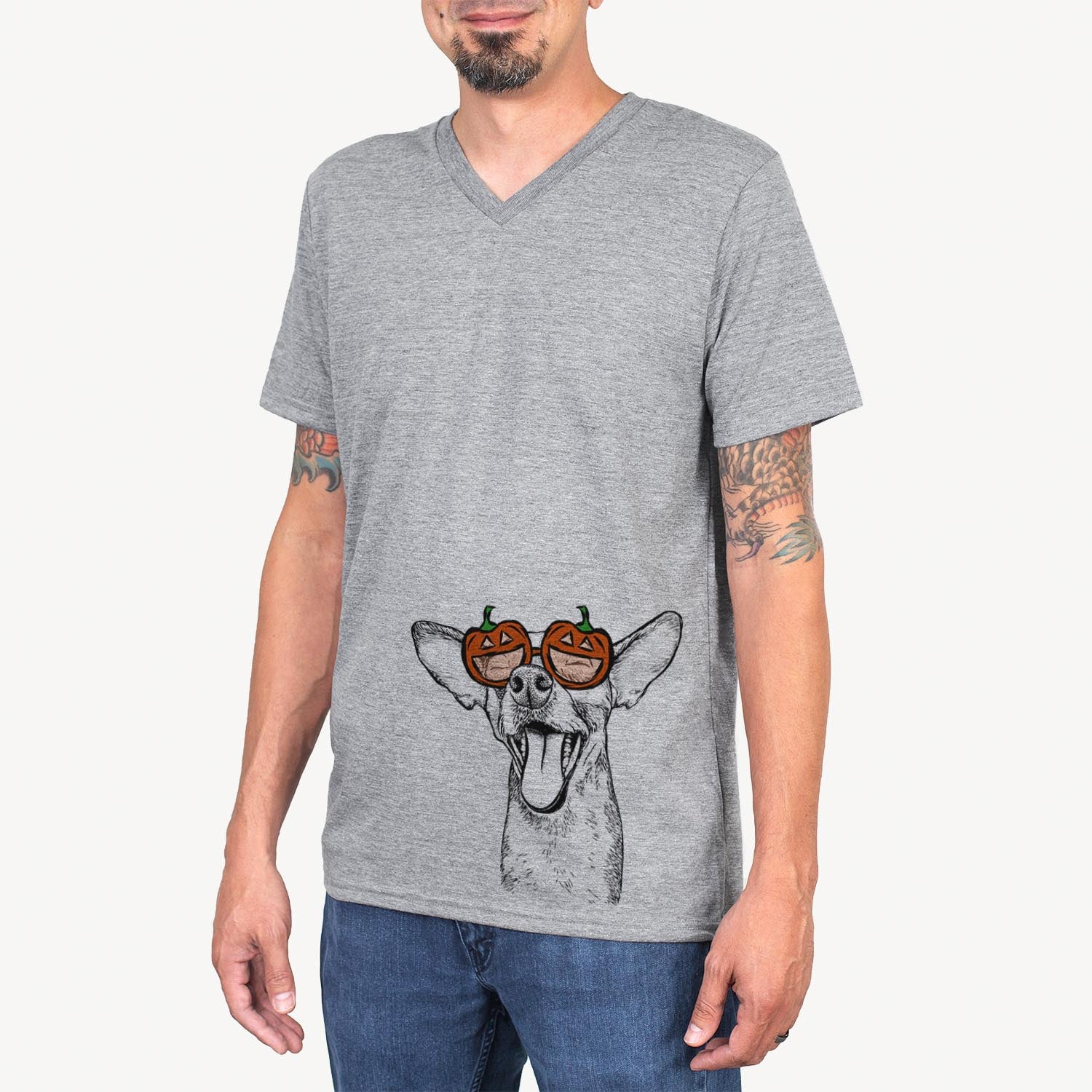 Hand-drawn sketch of Sweet Bailey the Chihuahua Mix wearing pumpkin glasses on a Grey pumpkin collection