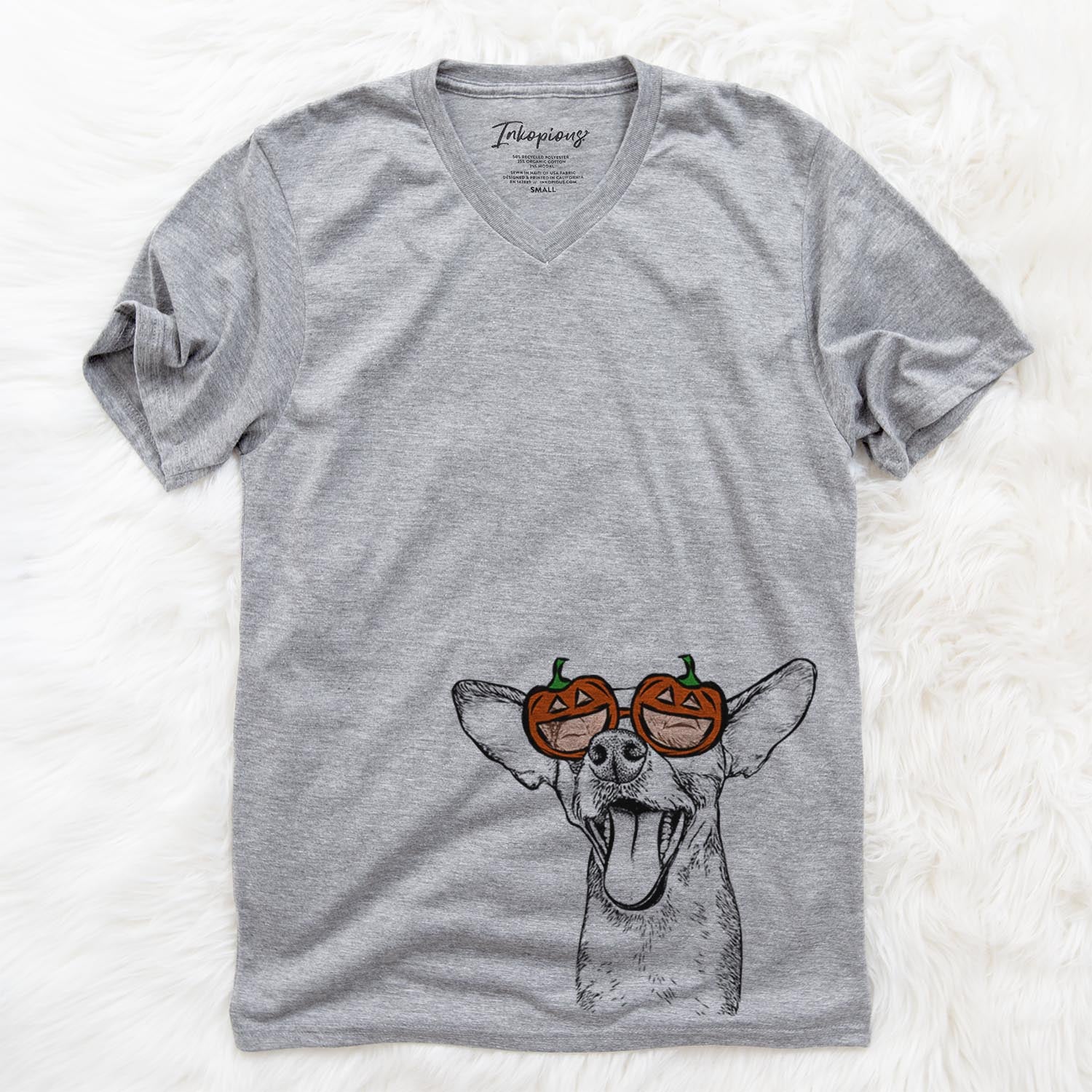 Hand-drawn sketch of Sweet Bailey the Chihuahua Mix wearing pumpkin glasses on a Grey pumpkin collection