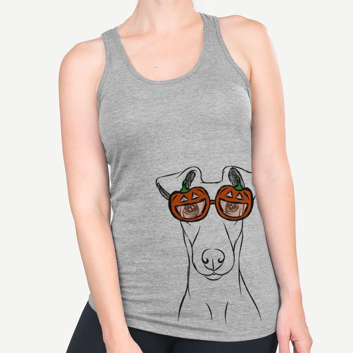 Hand-drawn sketch of Tanner the Fox Terrier wearing pumpkin glasses on a Grey pumpkin collection