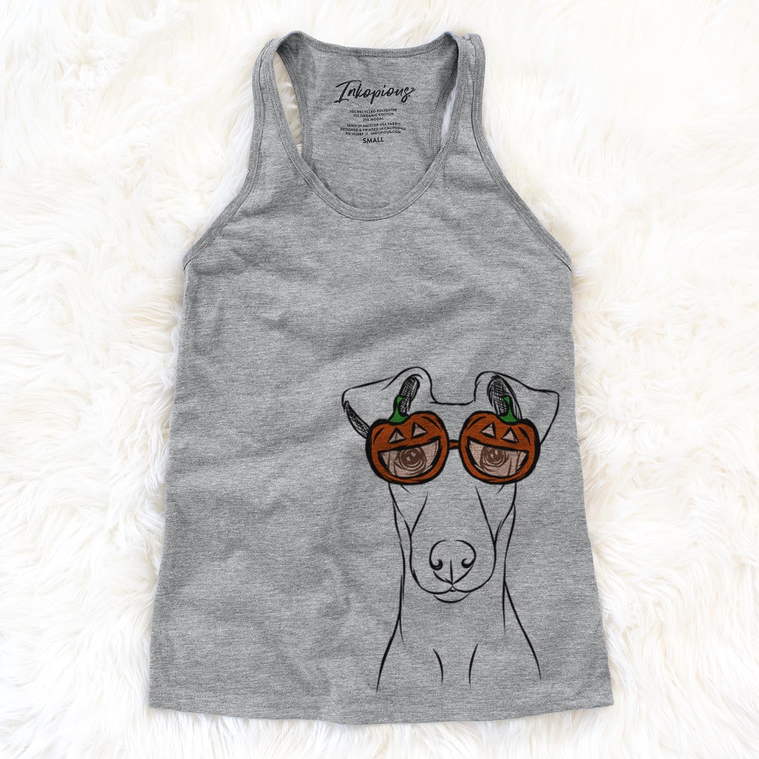 Hand-drawn sketch of Tanner the Fox Terrier wearing pumpkin glasses on a Grey pumpkin collection