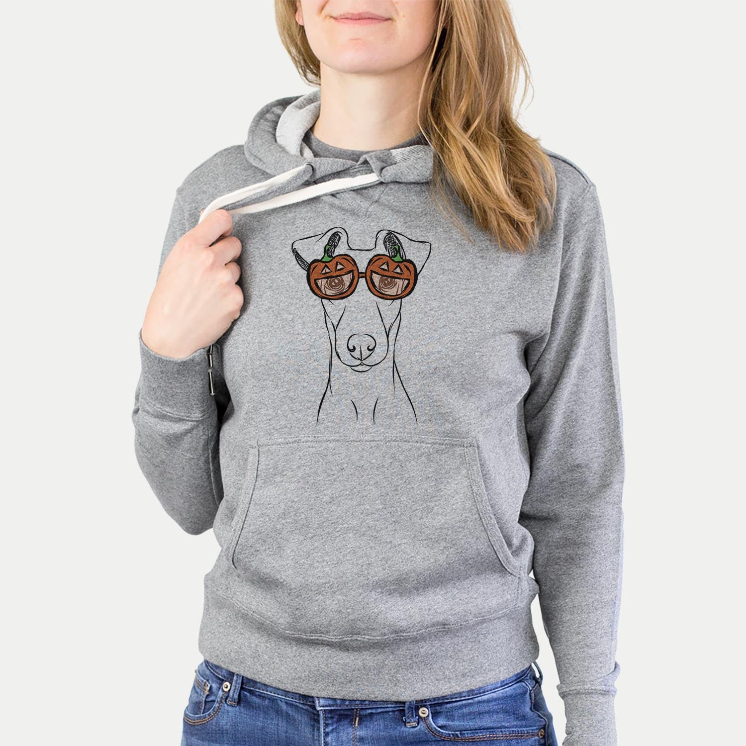 Hand-drawn sketch of Tanner the Fox Terrier wearing pumpkin glasses on a Grey pumpkin collection, hanging on a wall