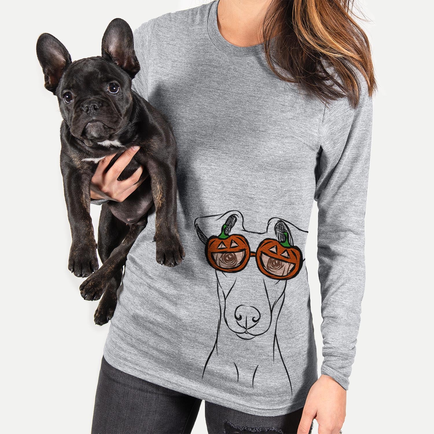 Hand-drawn sketch of Tanner the Fox Terrier wearing pumpkin glasses on a Grey pumpkin collection