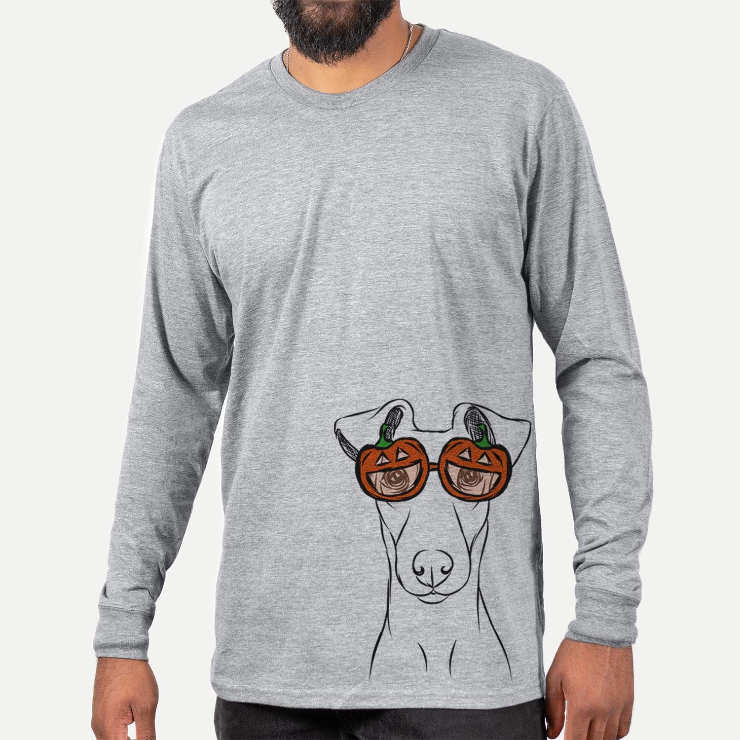 Hand-drawn sketch of Tanner the Fox Terrier wearing pumpkin glasses on a Grey pumpkin collection, hanging on a wall