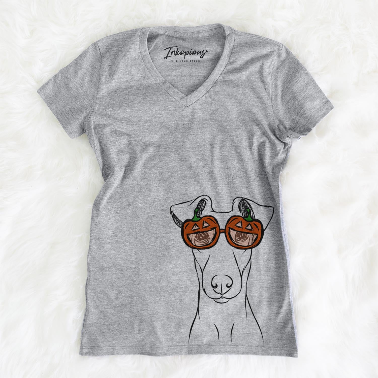 Hand-drawn sketch of Tanner the Fox Terrier wearing pumpkin glasses on a Grey pumpkin collection, on a hanger