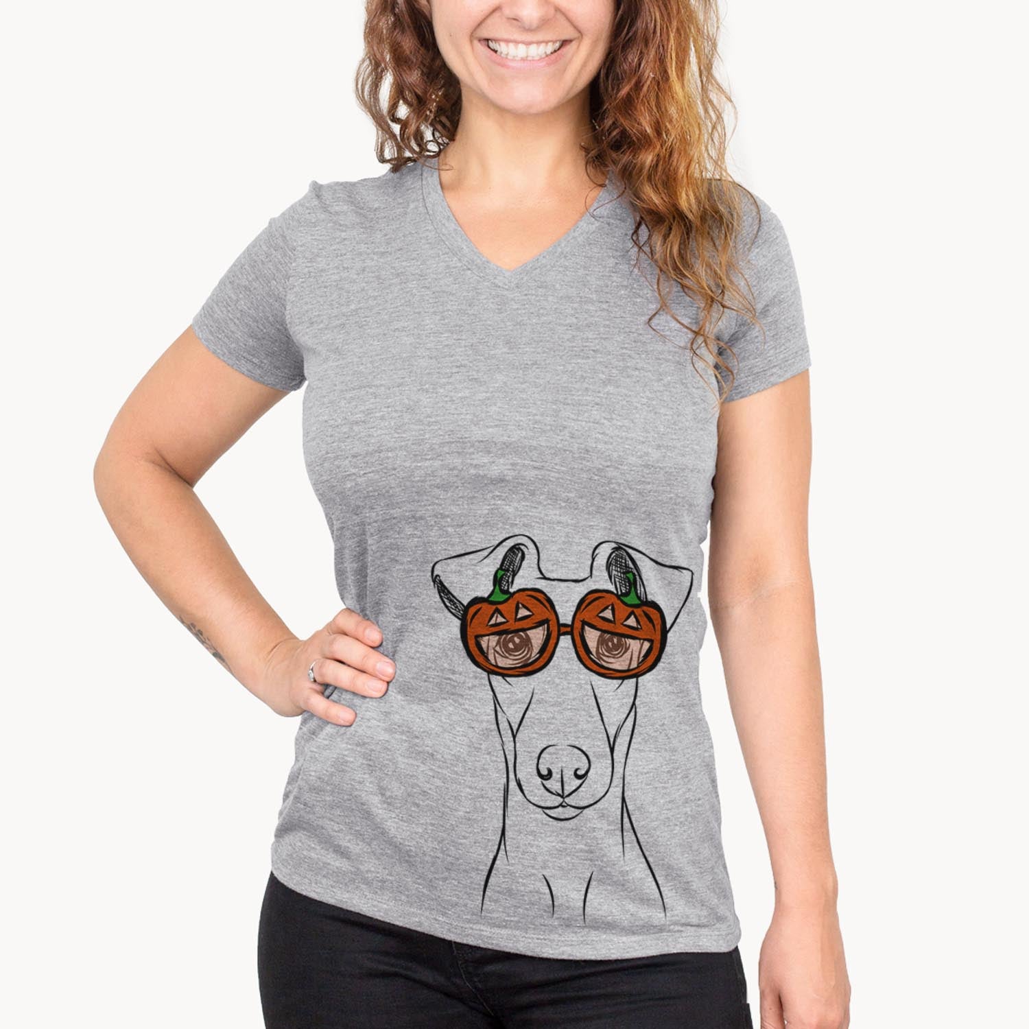 Hand-drawn sketch of Tanner the Fox Terrier wearing pumpkin glasses on a Grey pumpkin collection