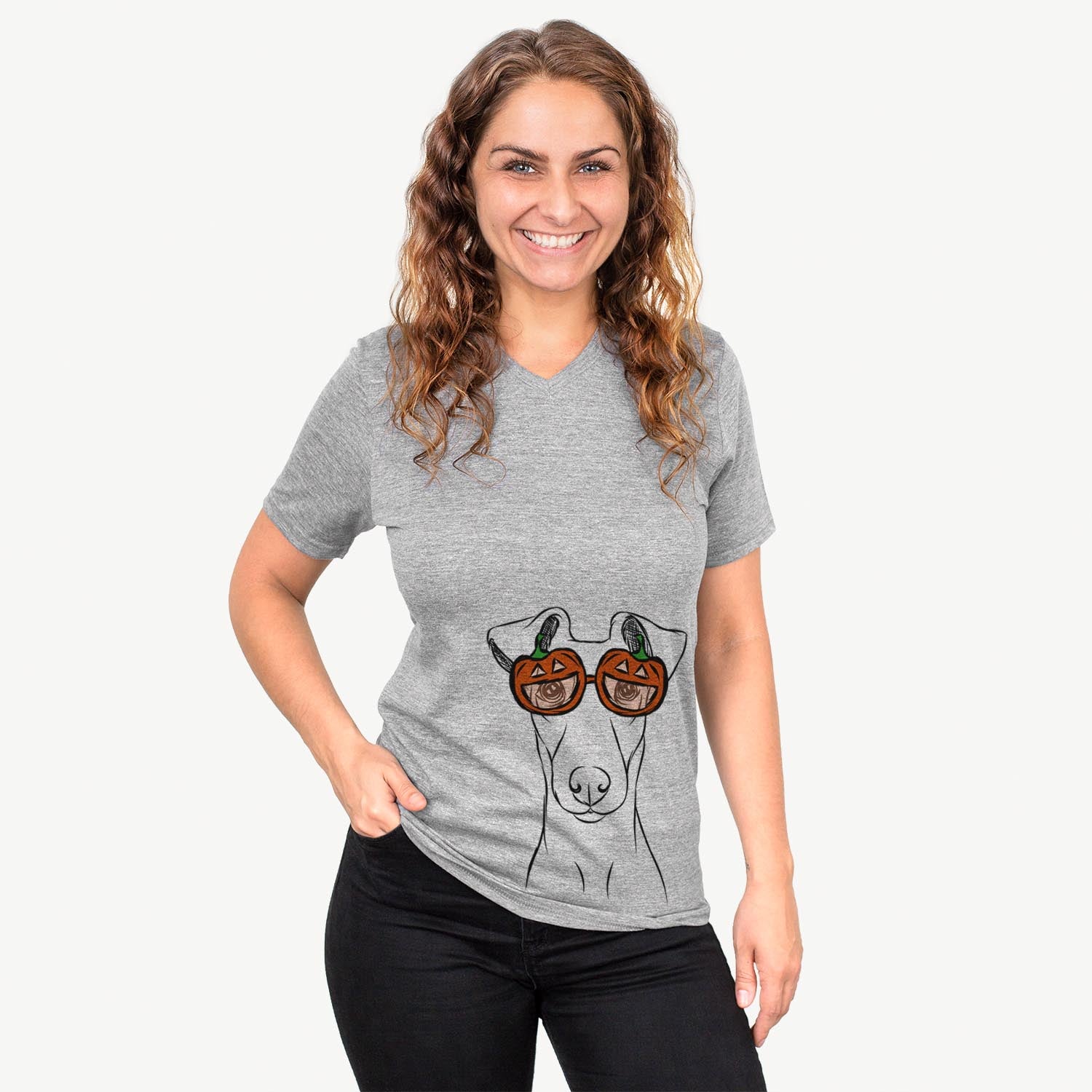 Hand-drawn sketch of Tanner the Fox Terrier wearing pumpkin glasses on a Grey pumpkin collection