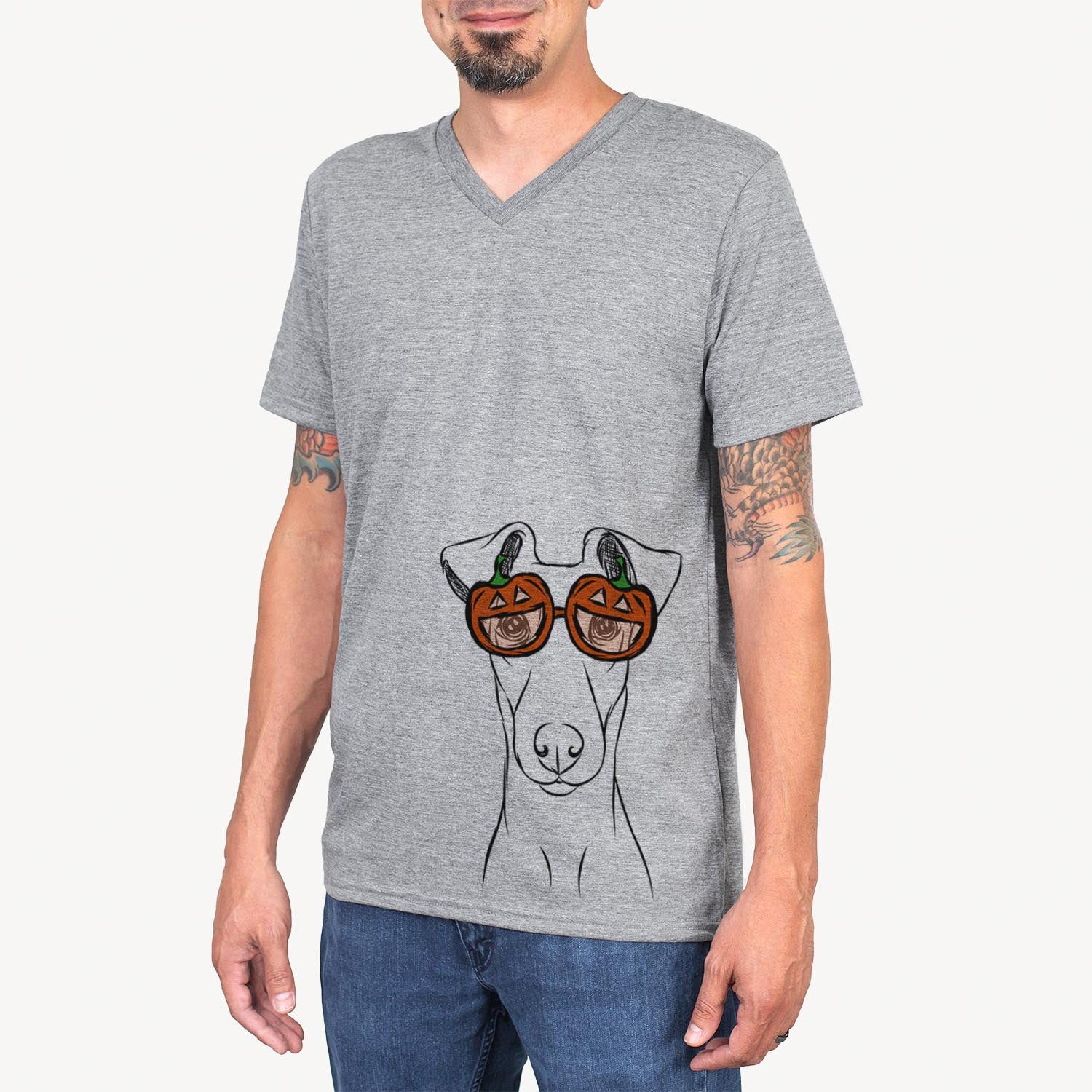 Hand-drawn sketch of Tanner the Fox Terrier wearing pumpkin glasses on a Grey pumpkin collection
