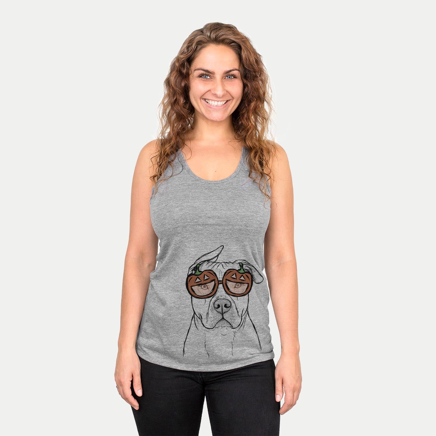 Hand-drawn sketch of Teddy Jam the Pitbull wearing pumpkin glasses on a Grey pumpkin collection