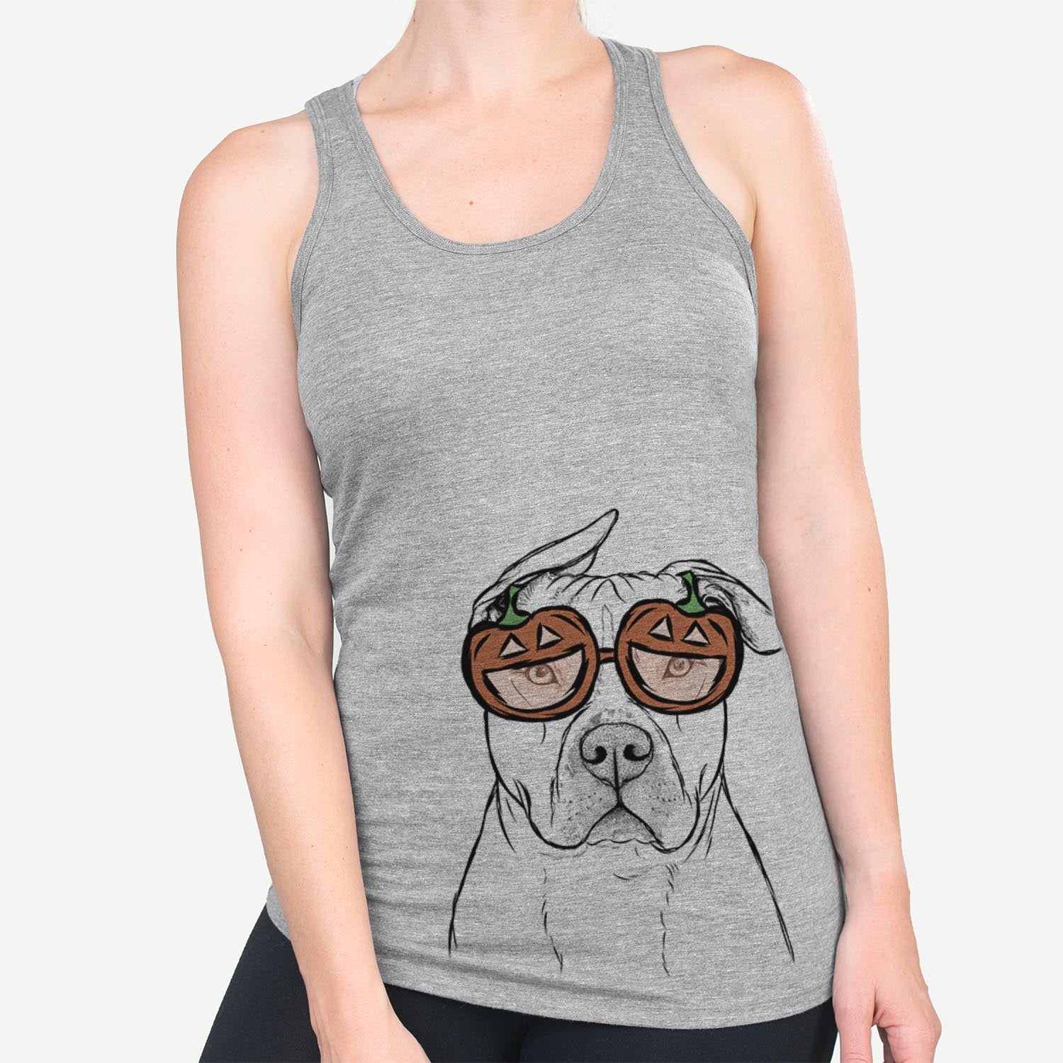 Hand-drawn sketch of Teddy Jam the Pitbull wearing pumpkin glasses on a Grey pumpkin collection