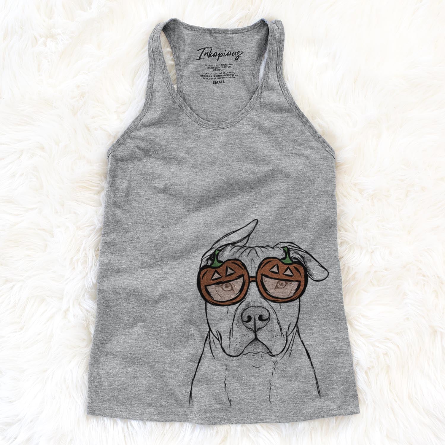 Hand-drawn sketch of Teddy Jam the Pitbull wearing pumpkin glasses on a Grey pumpkin collection