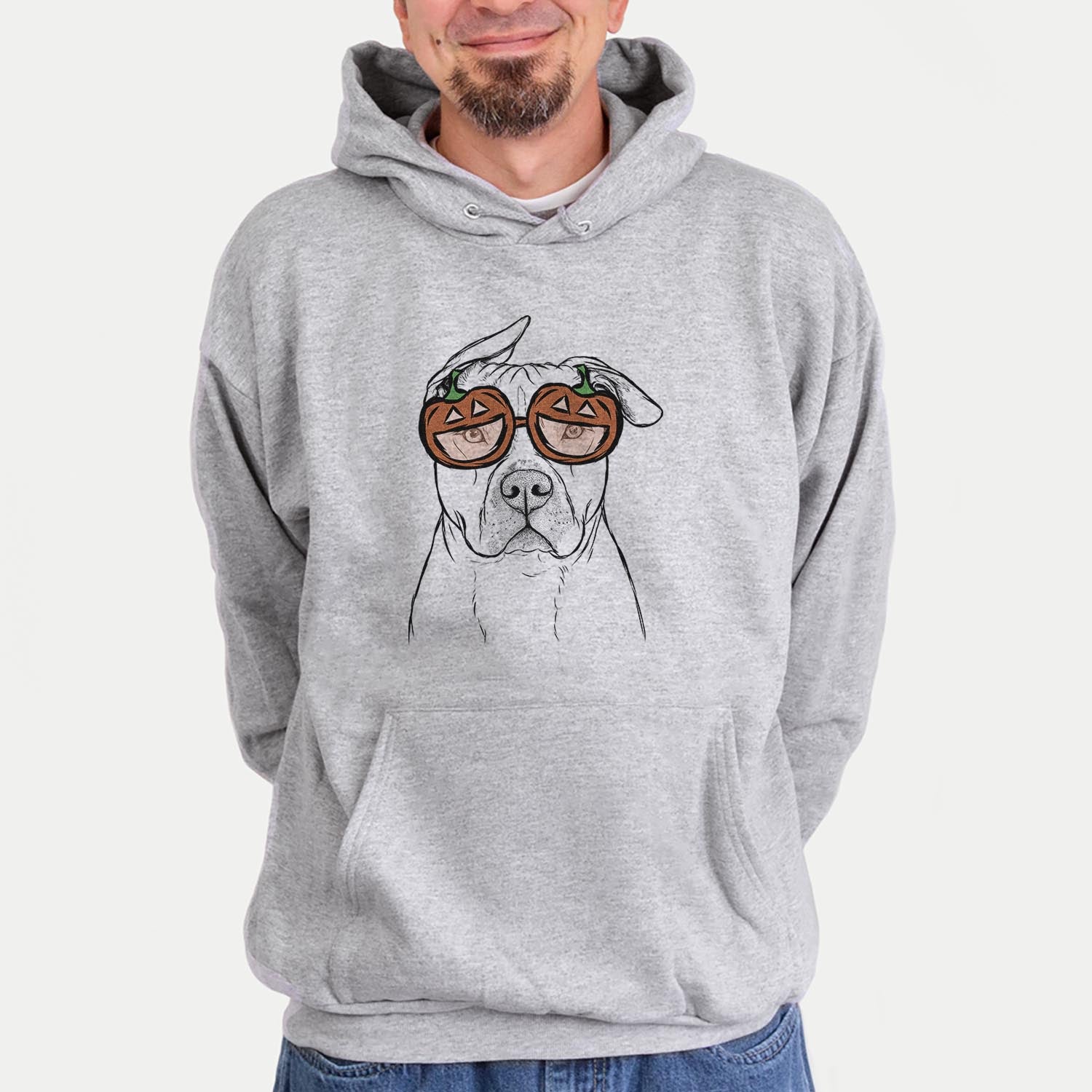 Hand-drawn sketch of Teddy Jam the Pitbull wearing pumpkin glasses on a Grey pumpkin collection, hanging on a wall