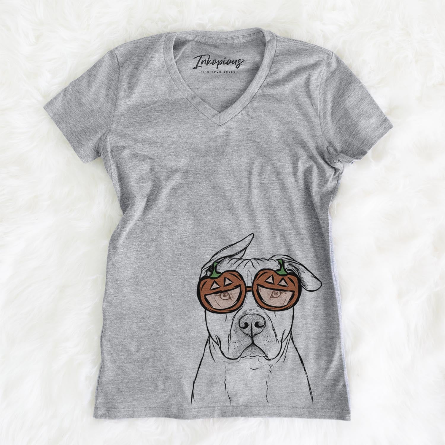 Hand-drawn sketch of Teddy Jam the Pitbull wearing pumpkin glasses on a Grey pumpkin collection, on a hanger