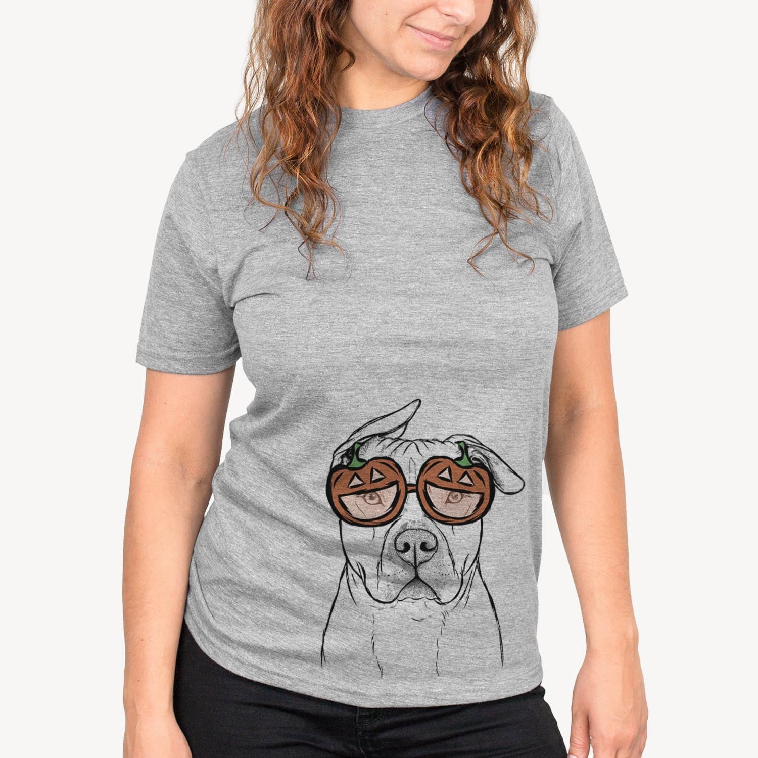 Hand-drawn sketch of Teddy Jam the Pitbull wearing pumpkin glasses on a Grey pumpkin collection, on a hanger