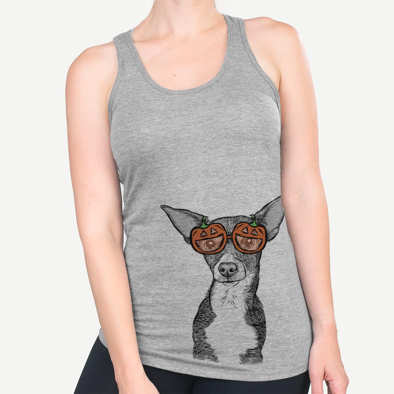 Hand-drawn sketch of Tiny Archie the Mixed Breed wearing pumpkin glasses on a Grey pumpkin collection