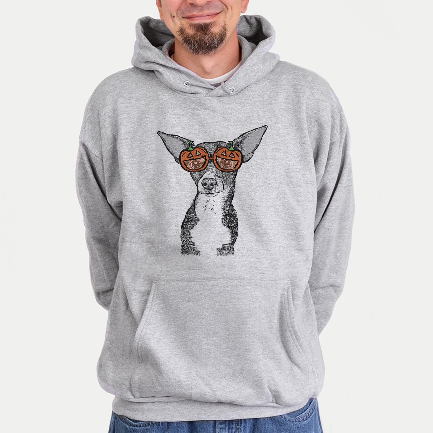 Hand-drawn sketch of Tiny Archie the Mixed Breed wearing pumpkin glasses on a Grey pumpkin collection, hanging on a wall