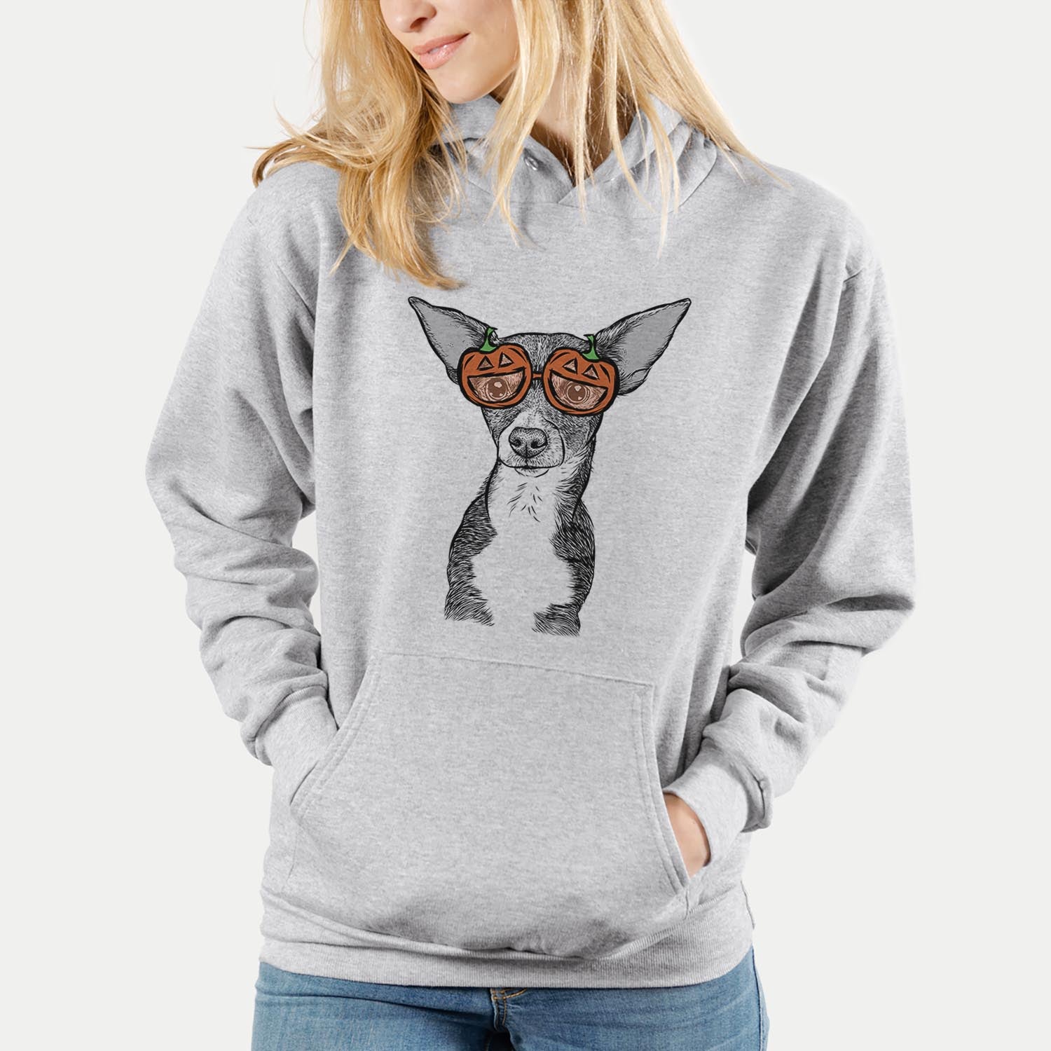 Hand-drawn sketch of Tiny Archie the Mixed Breed wearing pumpkin glasses on a Grey pumpkin collection