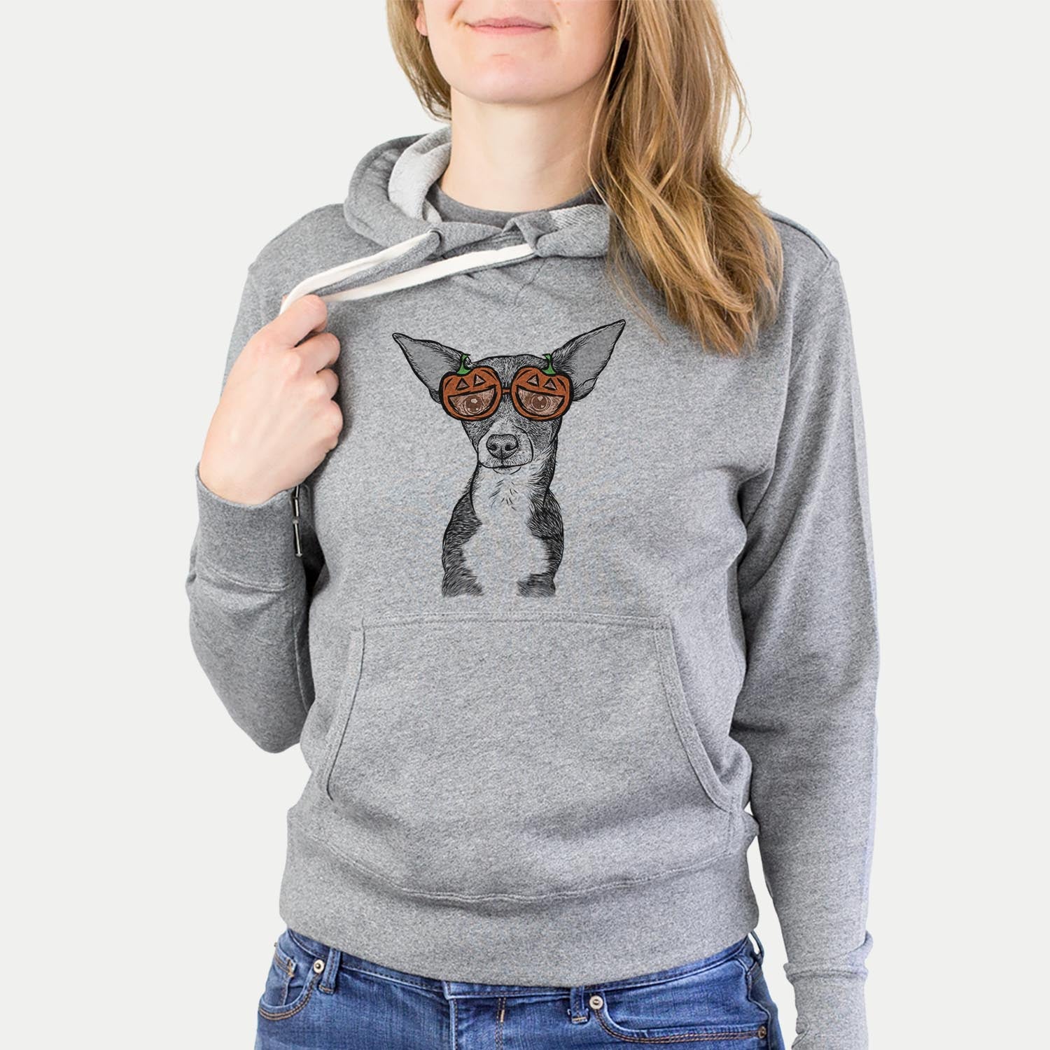 Hand-drawn sketch of Tiny Archie the Mixed Breed wearing pumpkin glasses on a Grey pumpkin collection, hanging on a wall