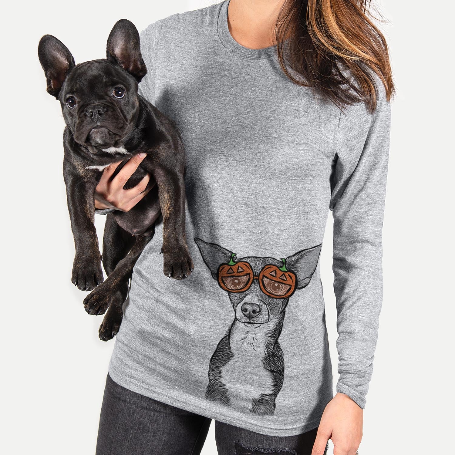 Hand-drawn sketch of Tiny Archie the Mixed Breed wearing pumpkin glasses on a Grey pumpkin collection