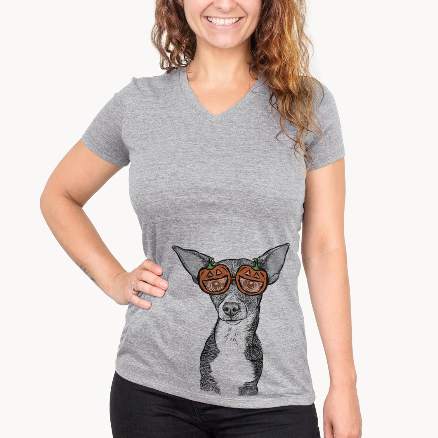 Hand-drawn sketch of Tiny Archie the Mixed Breed wearing pumpkin glasses on a Grey pumpkin collection