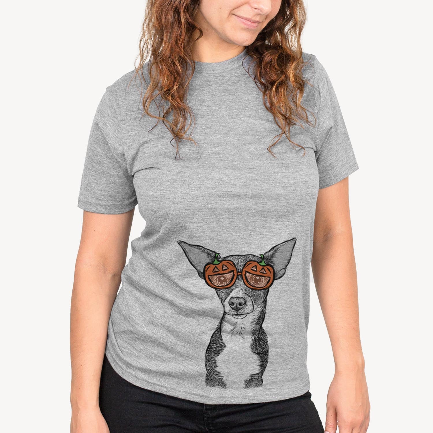 Hand-drawn sketch of Tiny Archie the Mixed Breed wearing pumpkin glasses on a Grey pumpkin collection, on a hanger