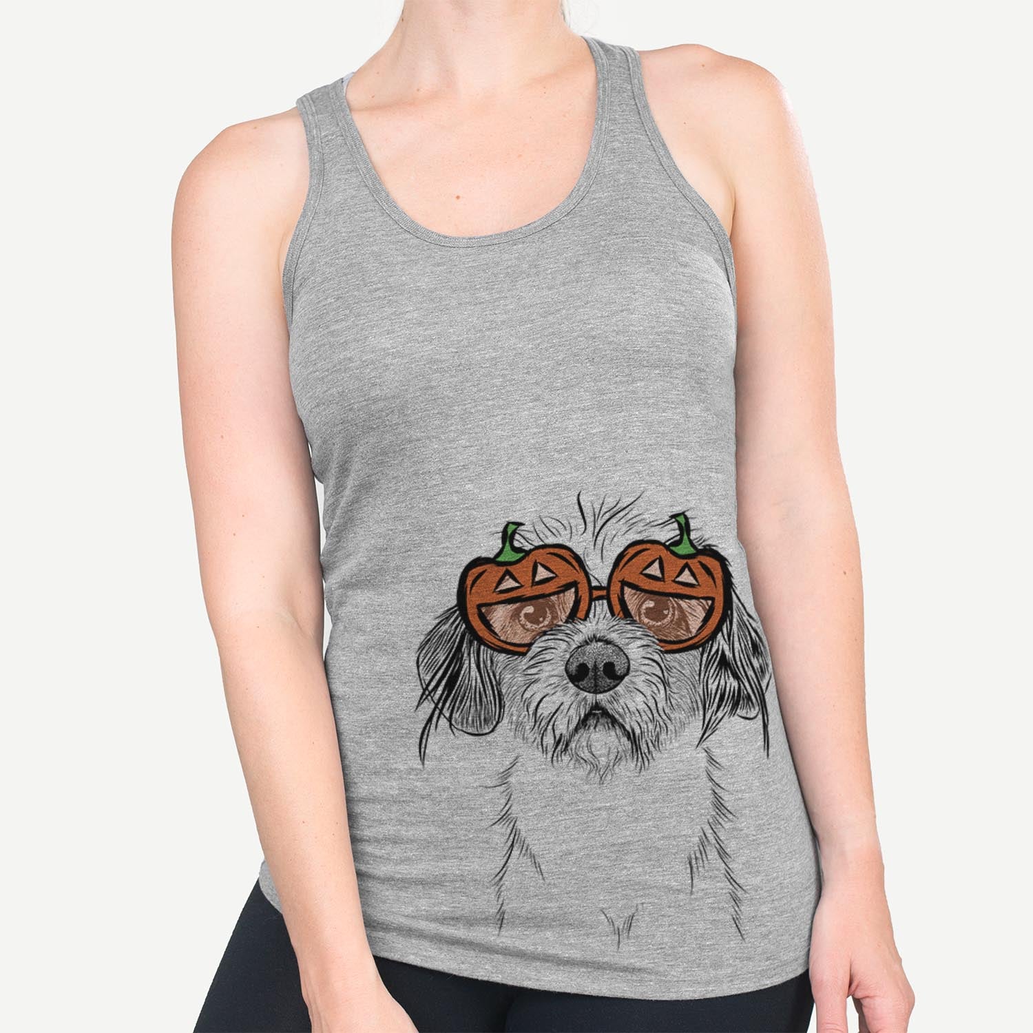 Hand-drawn sketch of Tiny Tucker the Mixed Breed wearing pumpkin glasses on a Grey pumpkin collection