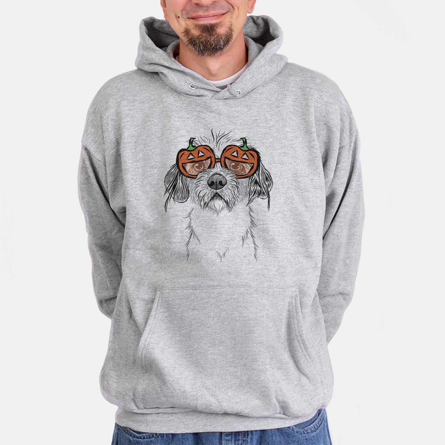 Hand-drawn sketch of Tiny Tucker the Mixed Breed wearing pumpkin glasses on a Grey pumpkin collection, hanging on a wall