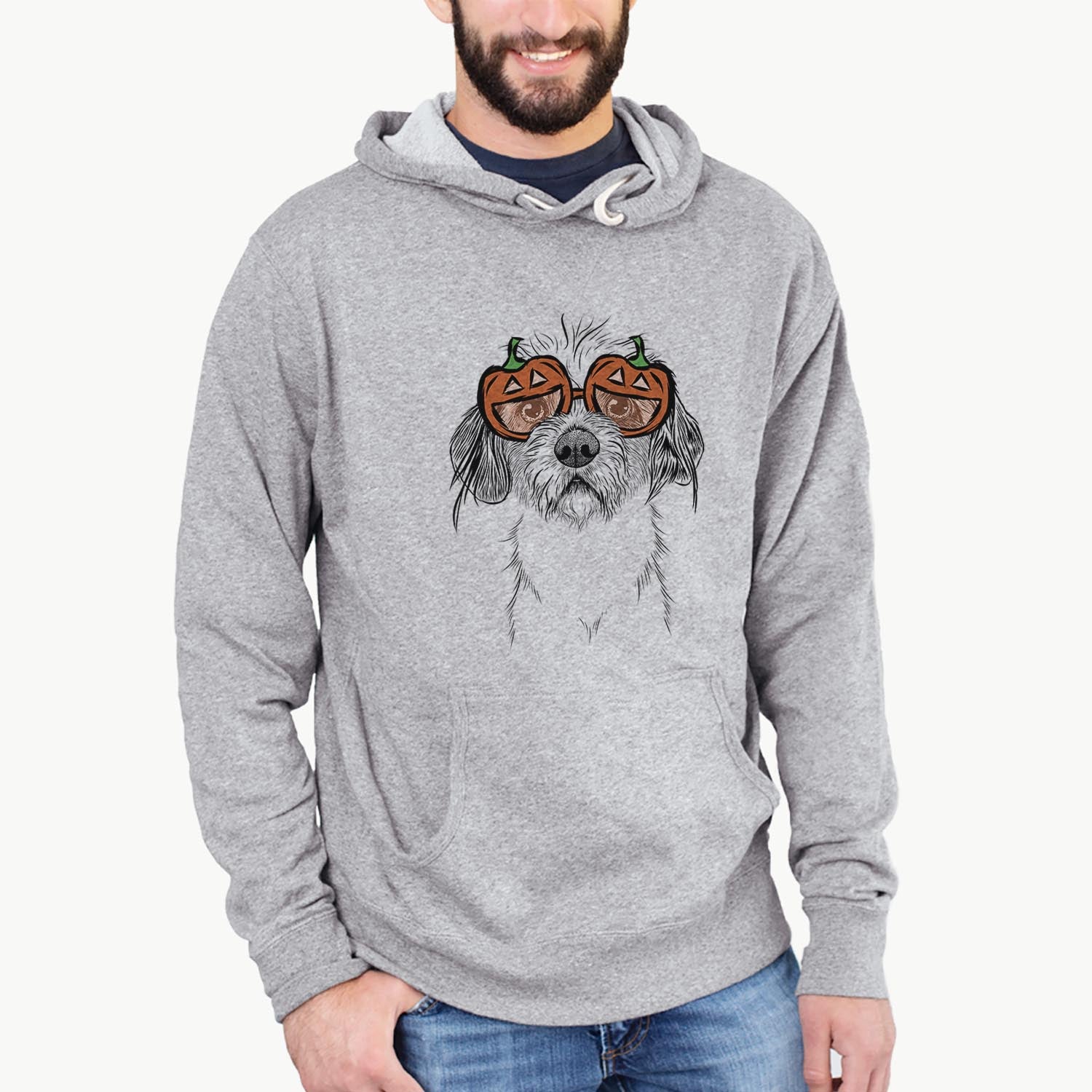 Hand-drawn sketch of Tiny Tucker the Mixed Breed wearing pumpkin glasses on a Grey pumpkin collection