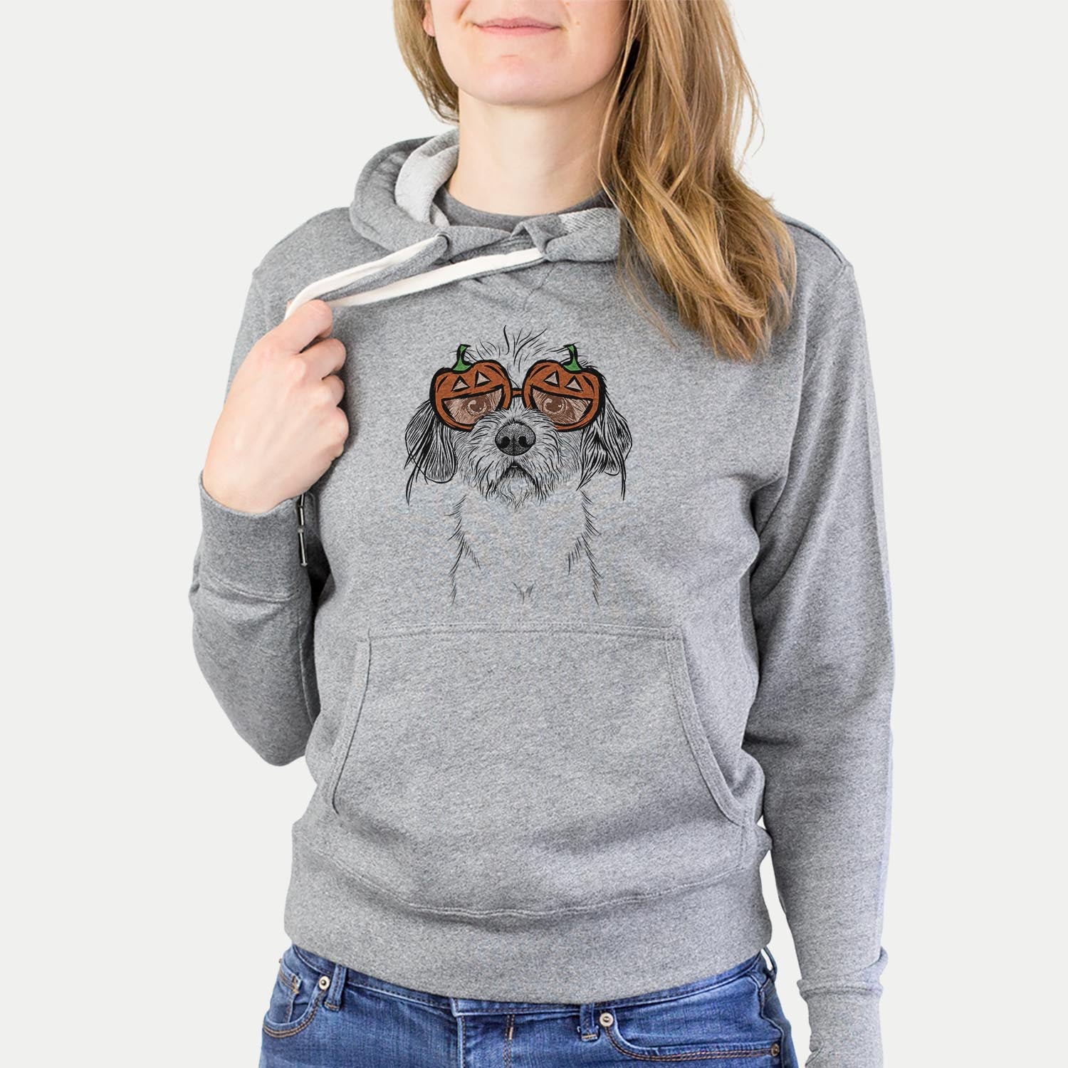 Hand-drawn sketch of Tiny Tucker the Mixed Breed wearing pumpkin glasses on a Grey pumpkin collection, hanging on a wall