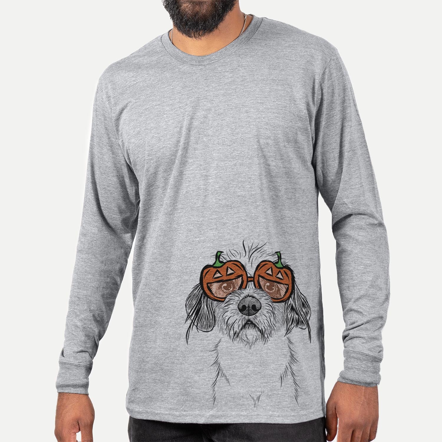 Hand-drawn sketch of Tiny Tucker the Mixed Breed wearing pumpkin glasses on a Grey pumpkin collection, hanging on a wall