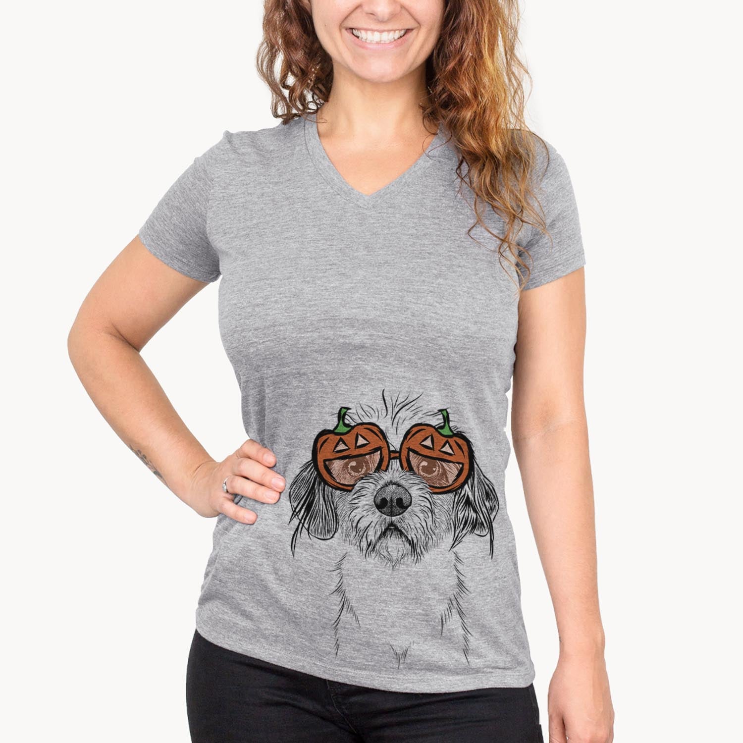 Hand-drawn sketch of Tiny Tucker the Mixed Breed wearing pumpkin glasses on a Grey pumpkin collection