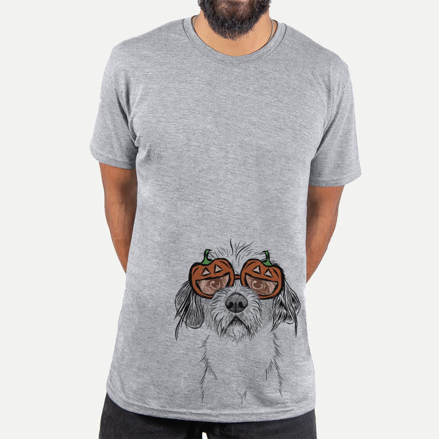 Hand-drawn sketch of Tiny Tucker the Mixed Breed wearing pumpkin glasses on a Grey pumpkin collection, hanging on a wall