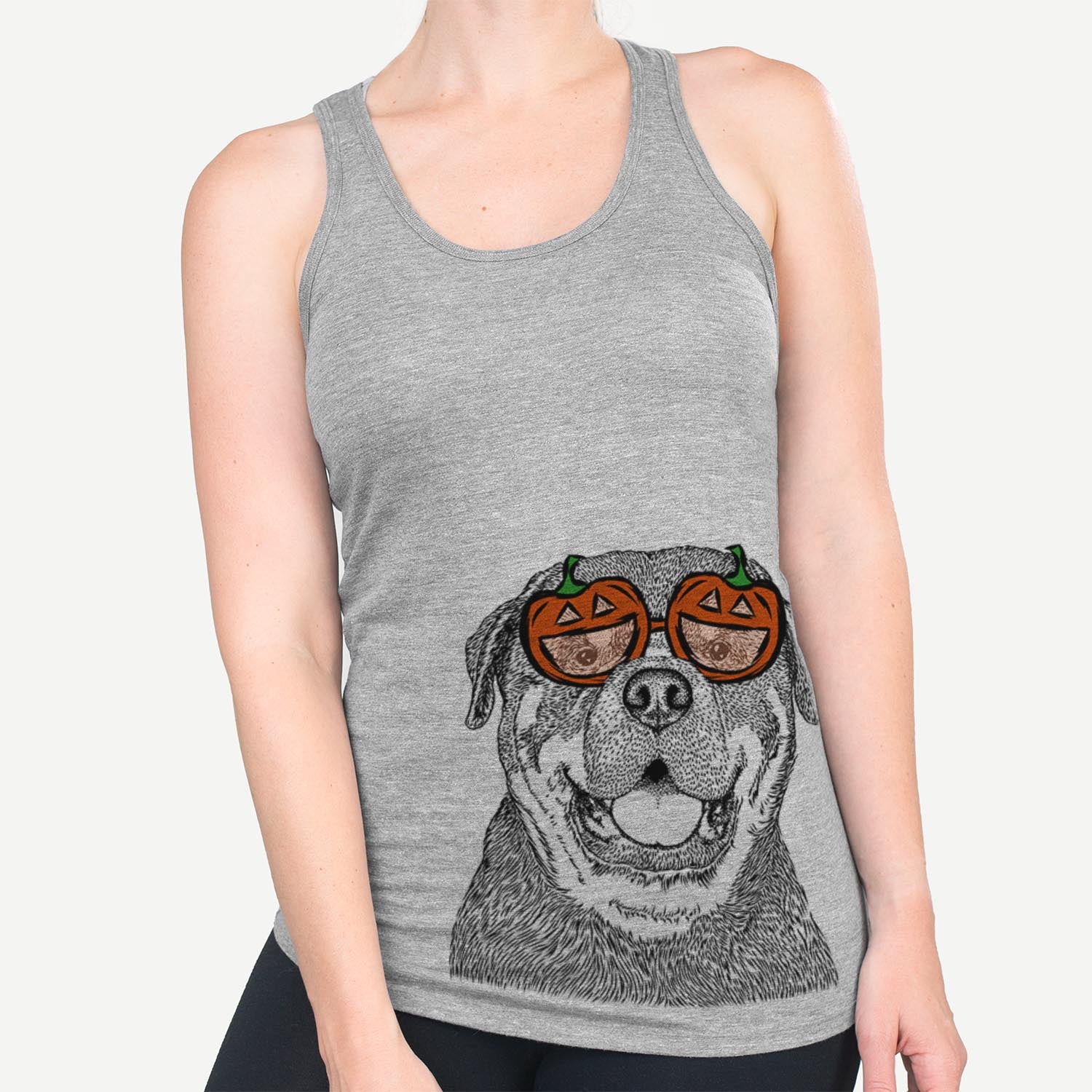 Hand-drawn sketch of Titan the Rottweiler wearing pumpkin glasses on a Grey pumpkin collection