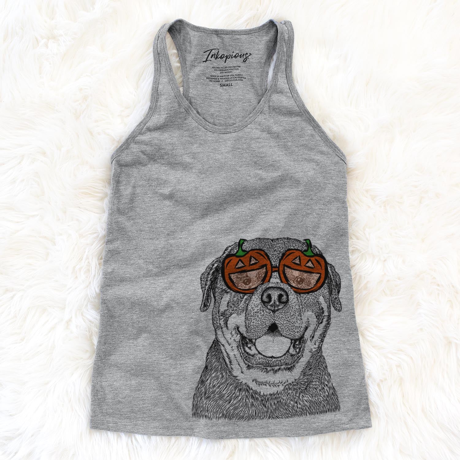 Hand-drawn sketch of Titan the Rottweiler wearing pumpkin glasses on a Grey pumpkin collection
