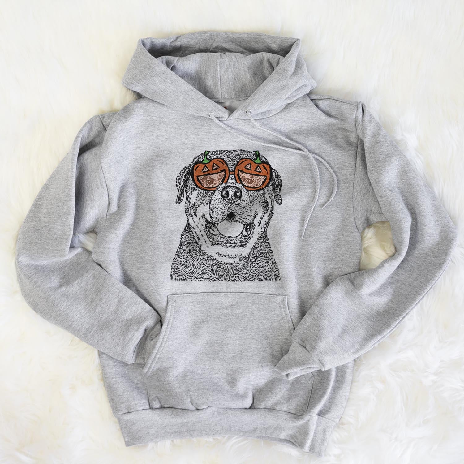 Hand-drawn sketch of Titan the Rottweiler wearing pumpkin glasses on a Grey pumpkin collection, flat lay