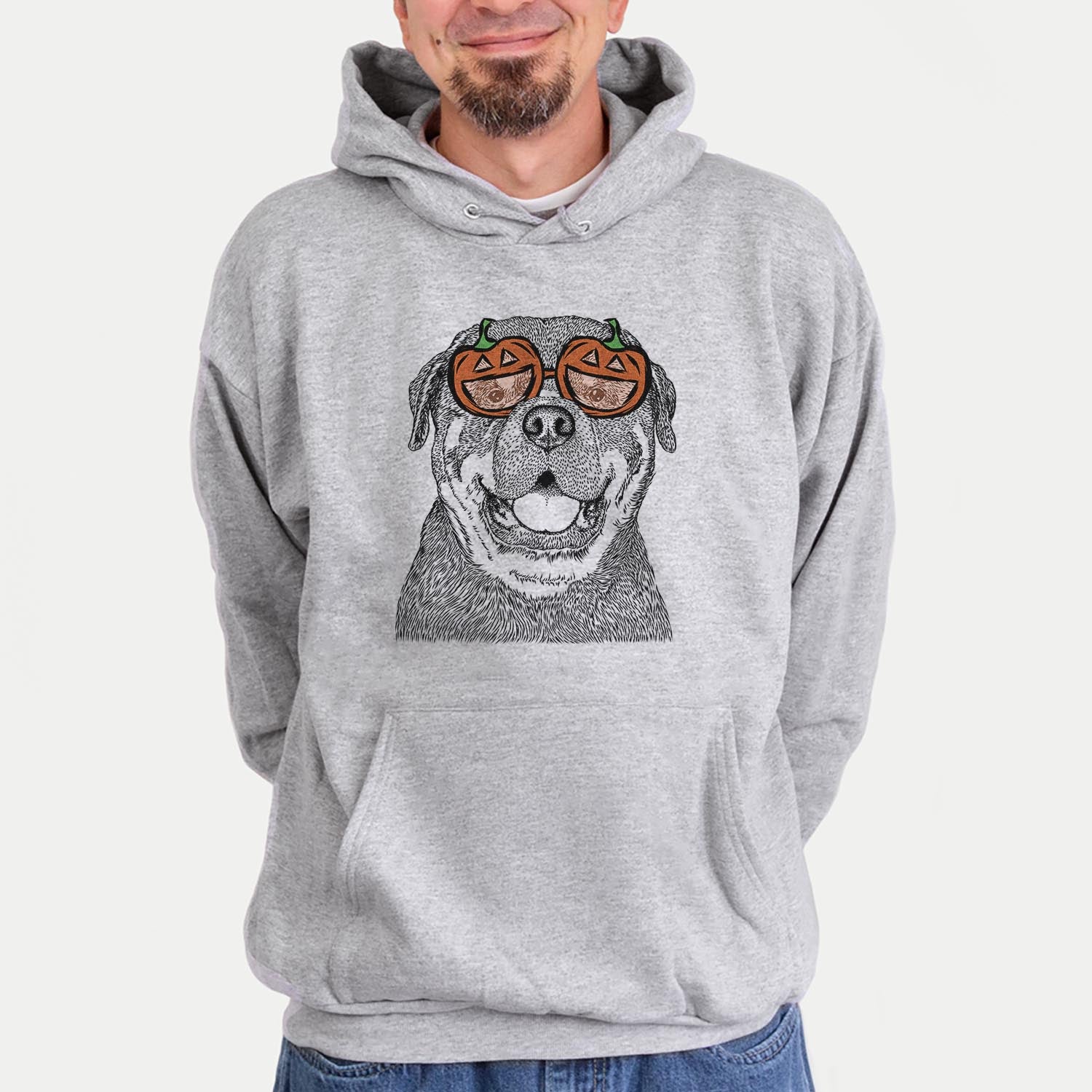 Hand-drawn sketch of Titan the Rottweiler wearing pumpkin glasses on a Grey pumpkin collection, hanging on a wall