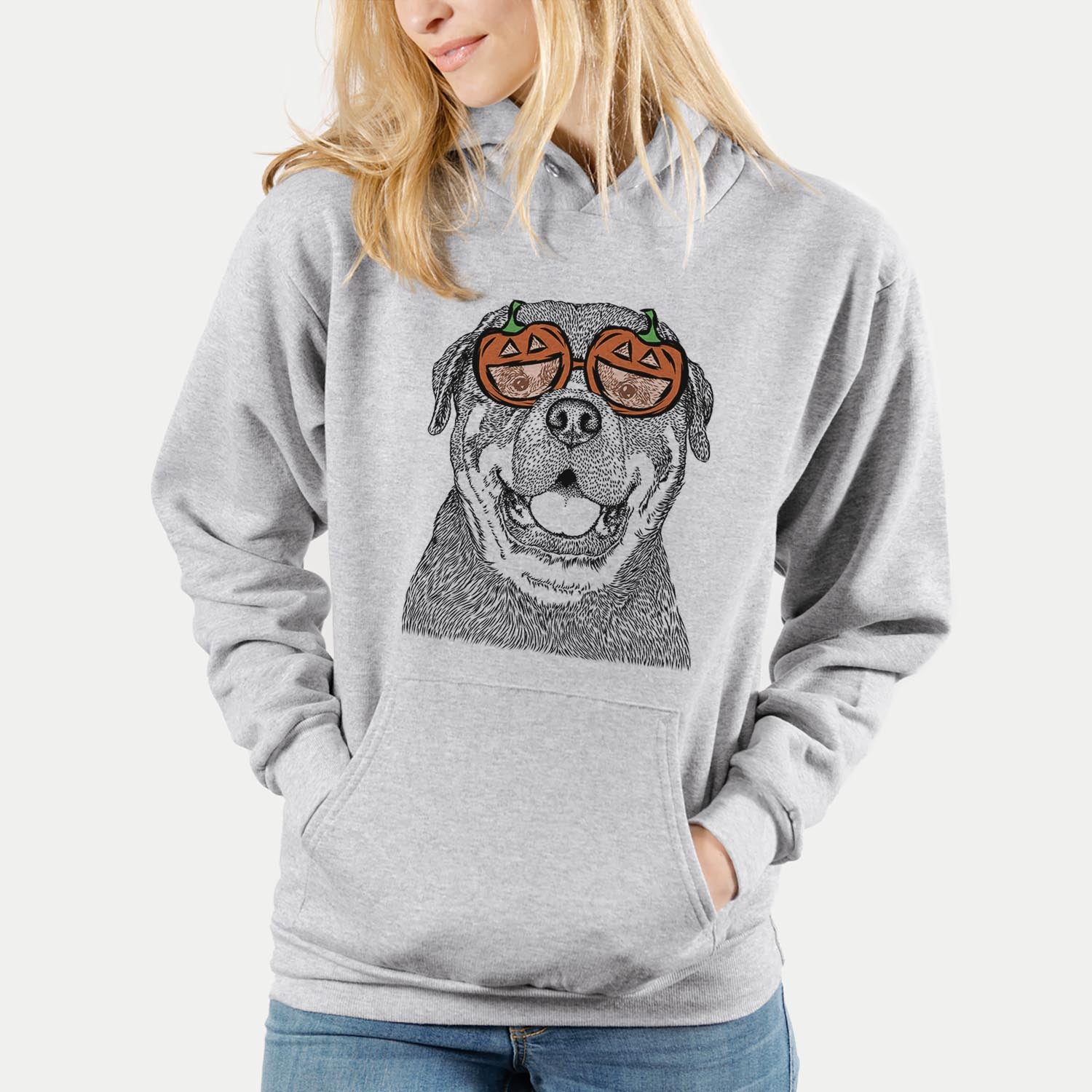 Hand-drawn sketch of Titan the Rottweiler wearing pumpkin glasses on a Grey pumpkin collection