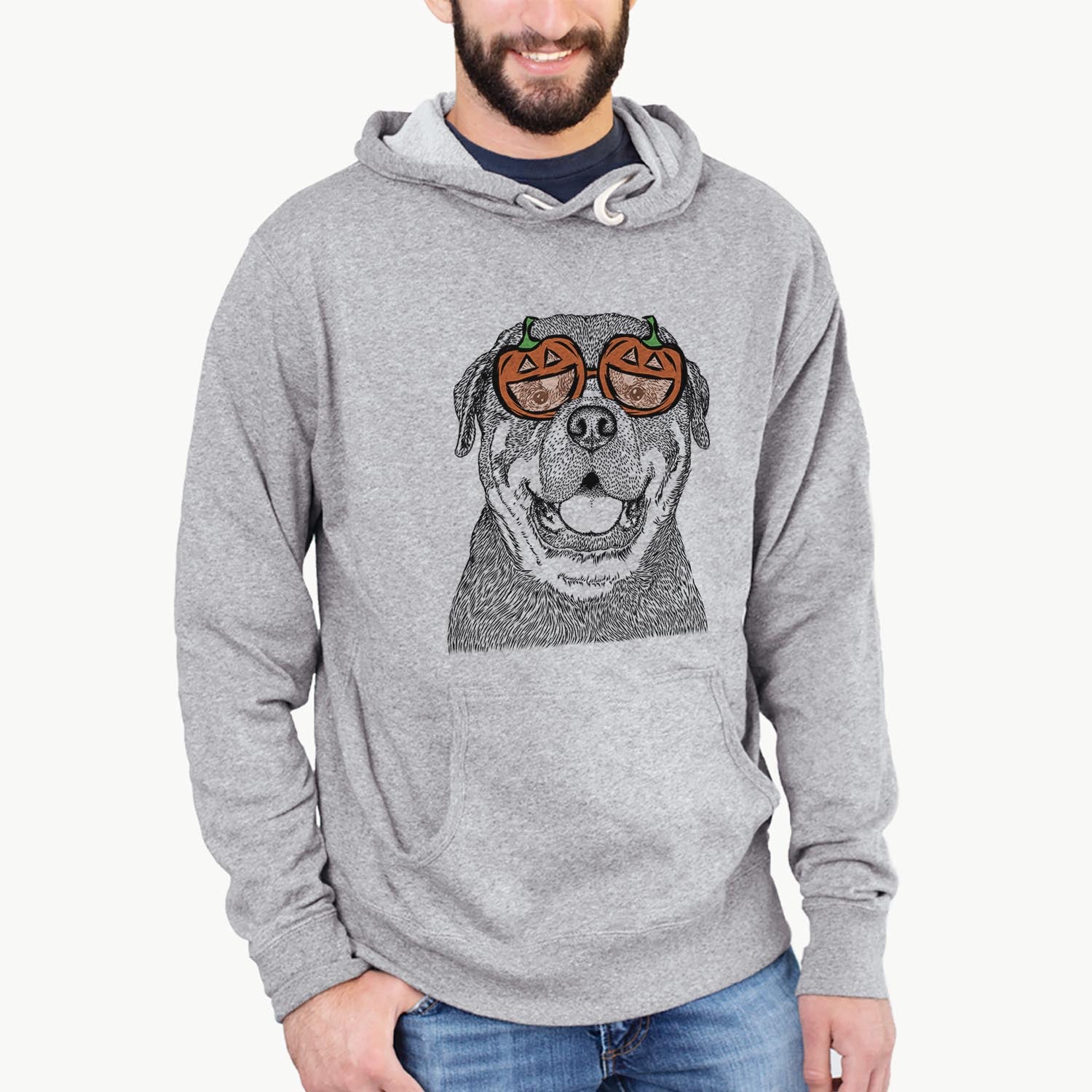 Hand-drawn sketch of Titan the Rottweiler wearing pumpkin glasses on a Grey pumpkin collection