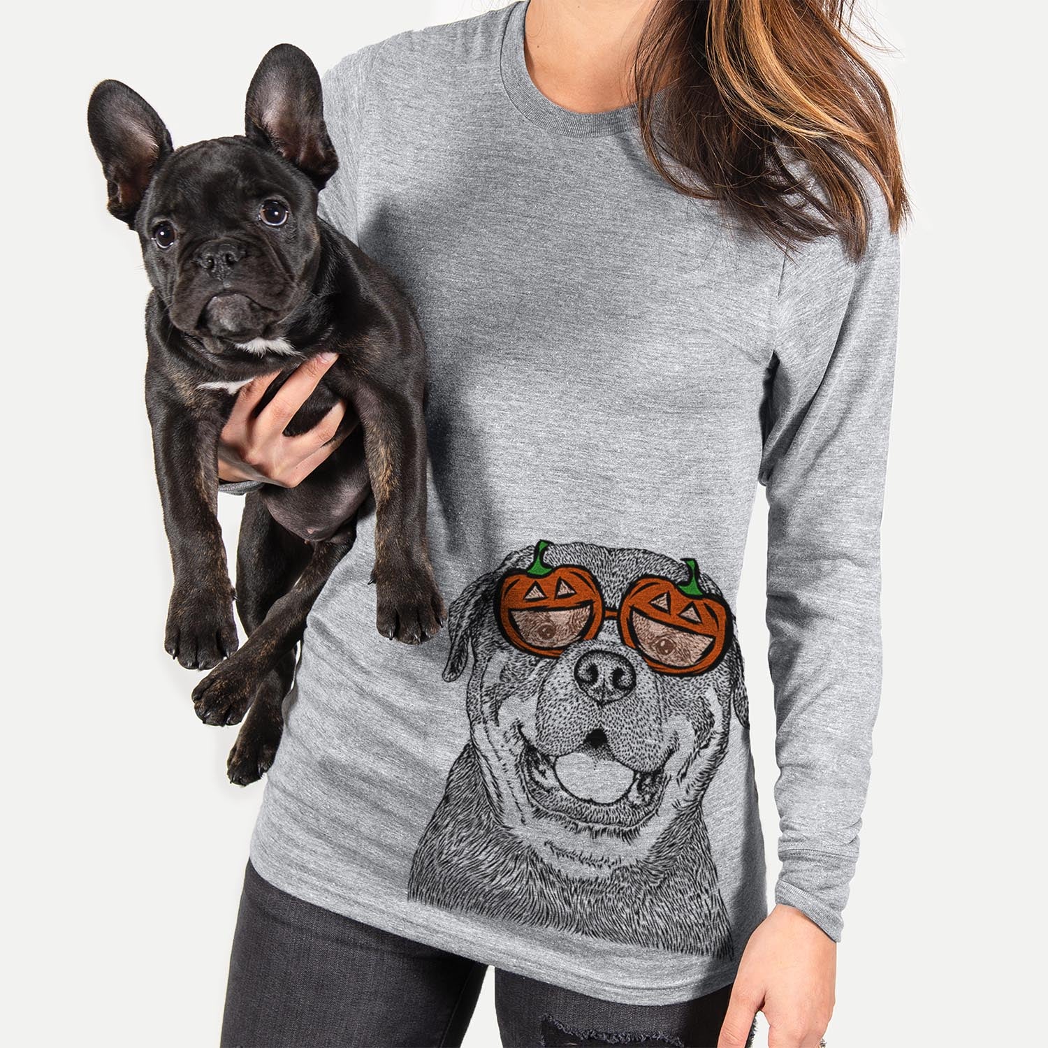 Hand-drawn sketch of Titan the Rottweiler wearing pumpkin glasses on a Grey pumpkin collection