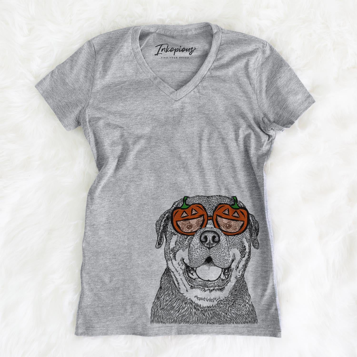 Hand-drawn sketch of Titan the Rottweiler wearing pumpkin glasses on a Grey pumpkin collection, on a hanger