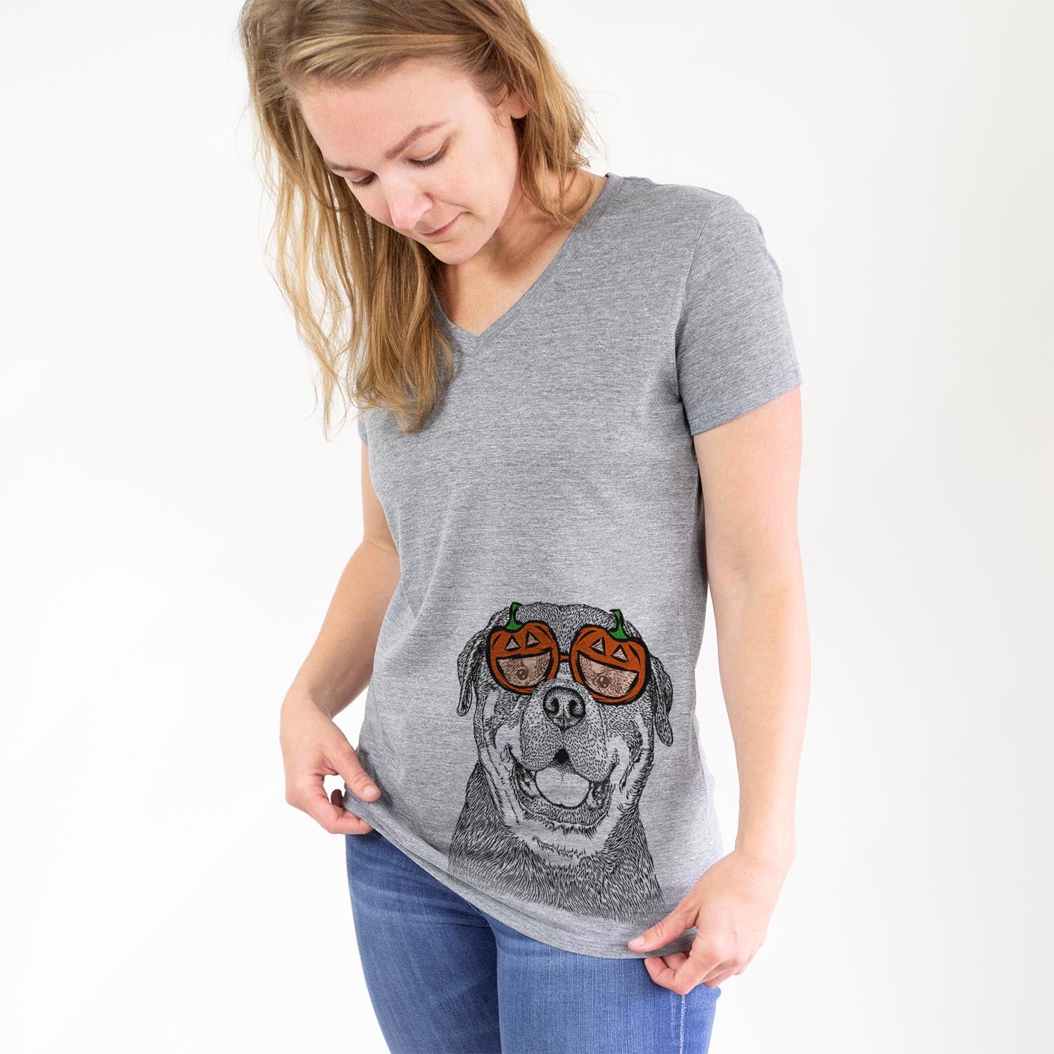 Hand-drawn sketch of Titan the Rottweiler wearing pumpkin glasses on a Grey pumpkin collection