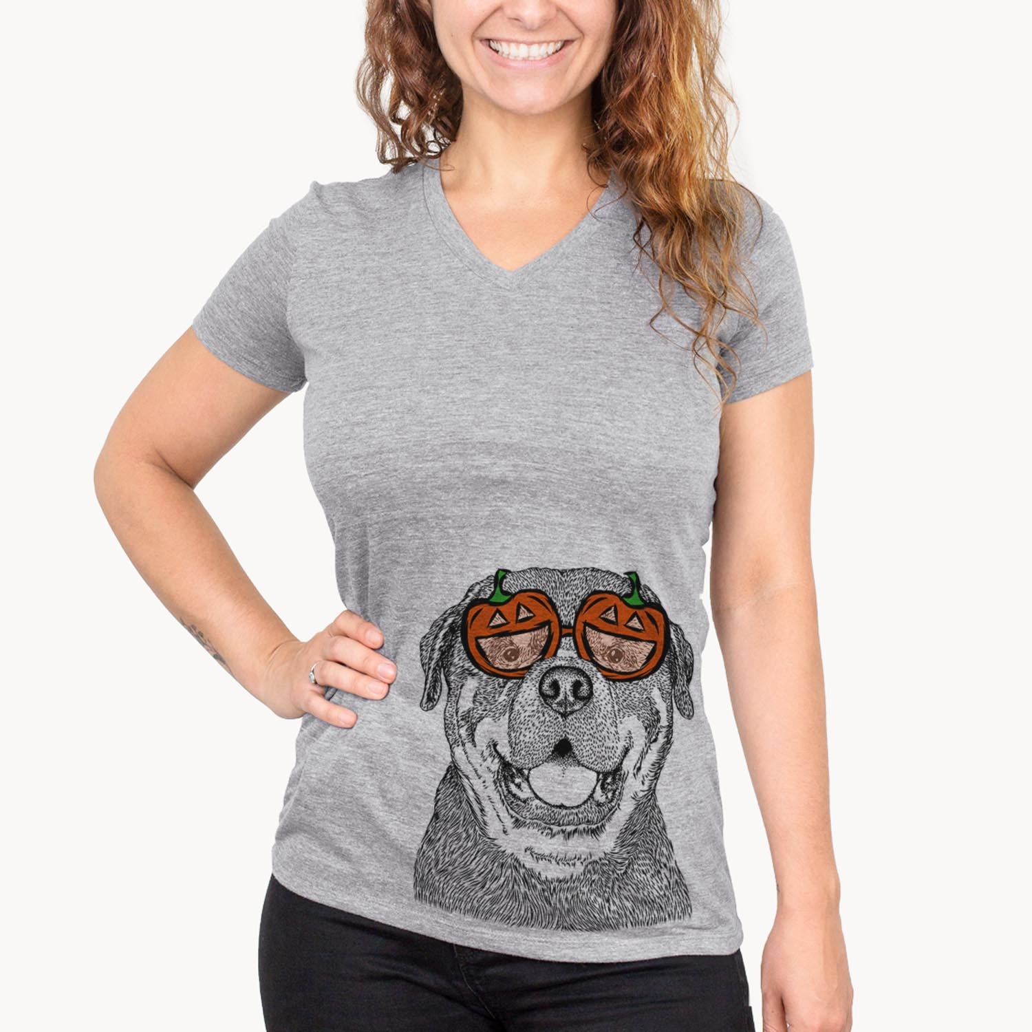 Hand-drawn sketch of Titan the Rottweiler wearing pumpkin glasses on a Grey pumpkin collection