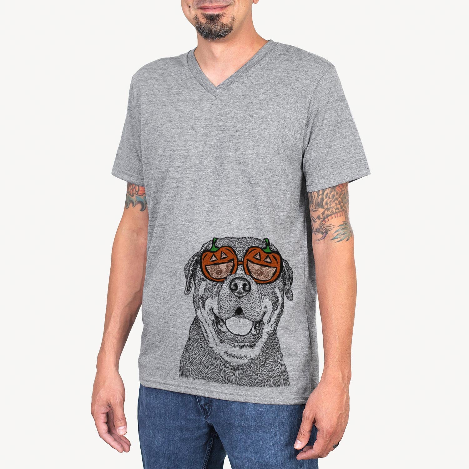 Hand-drawn sketch of Titan the Rottweiler wearing pumpkin glasses on a Grey pumpkin collection