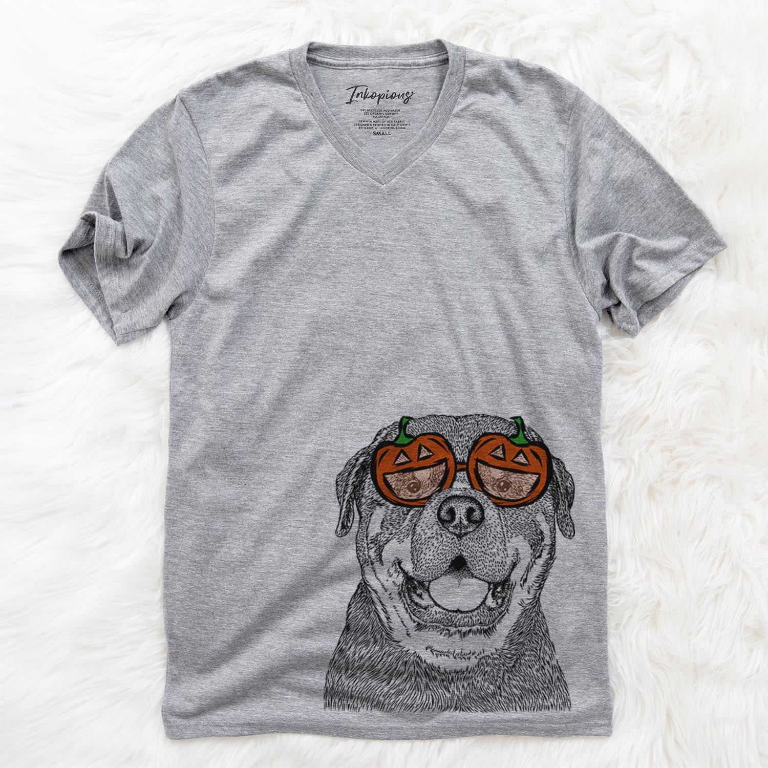 Hand-drawn sketch of Titan the Rottweiler wearing pumpkin glasses on a Grey pumpkin collection