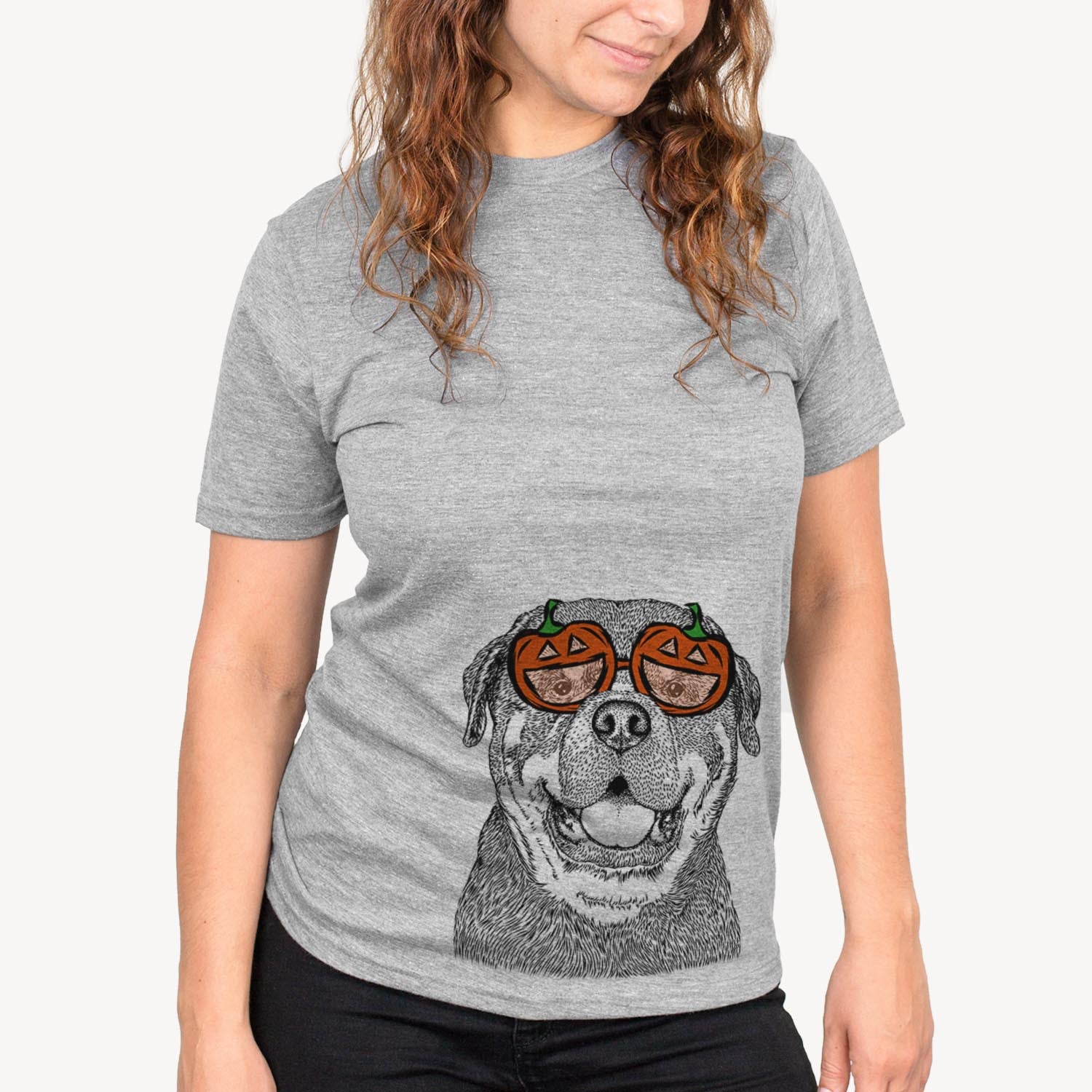 Hand-drawn sketch of Titan the Rottweiler wearing pumpkin glasses on a Grey pumpkin collection, on a hanger