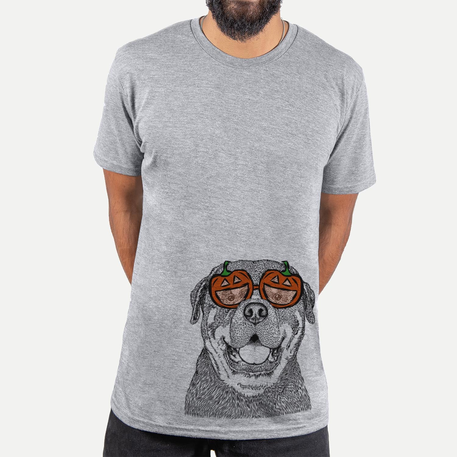 Hand-drawn sketch of Titan the Rottweiler wearing pumpkin glasses on a Grey pumpkin collection, hanging on a wall