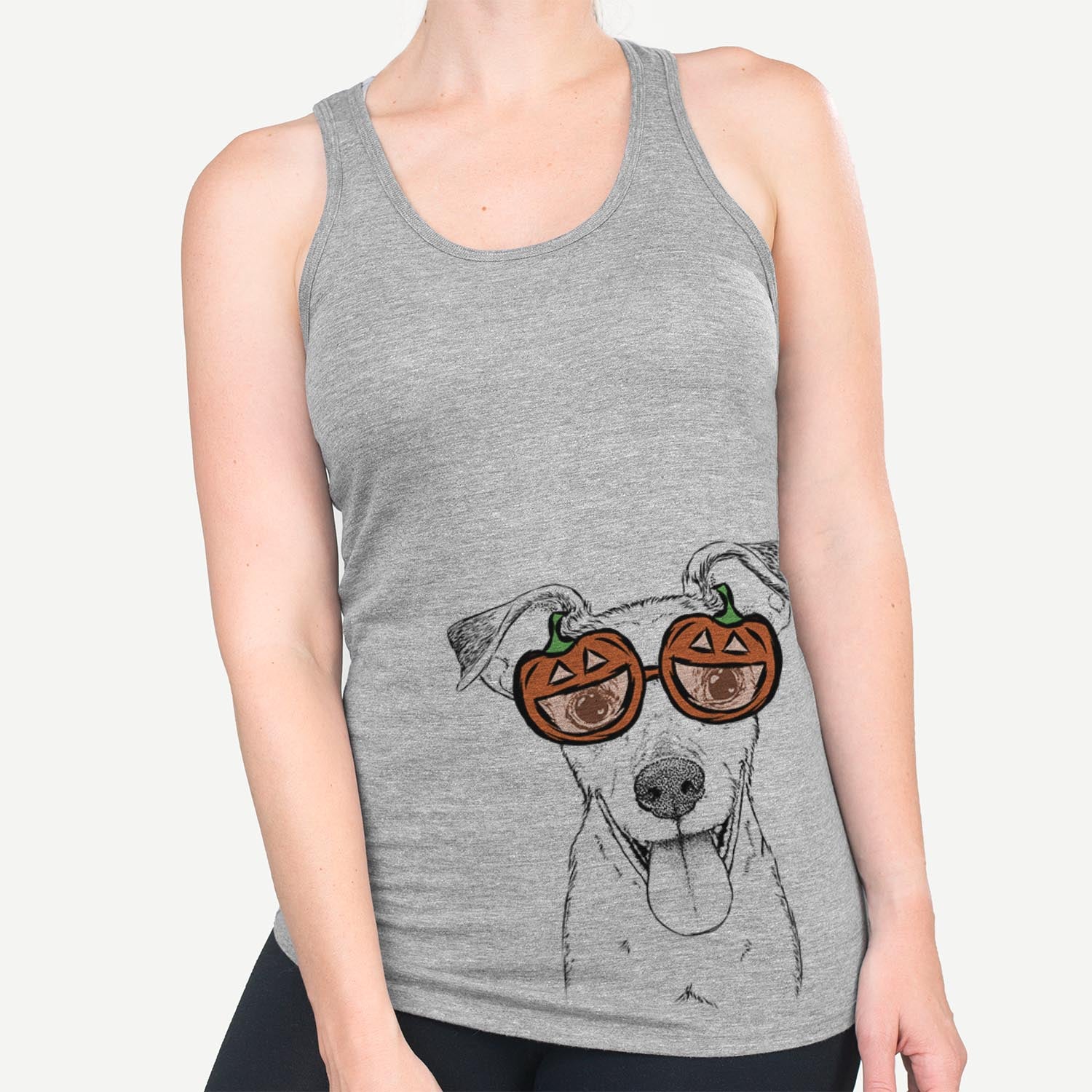 Hand-drawn sketch of Tyler the Mixed Breed wearing pumpkin glasses on a Grey pumpkin collection