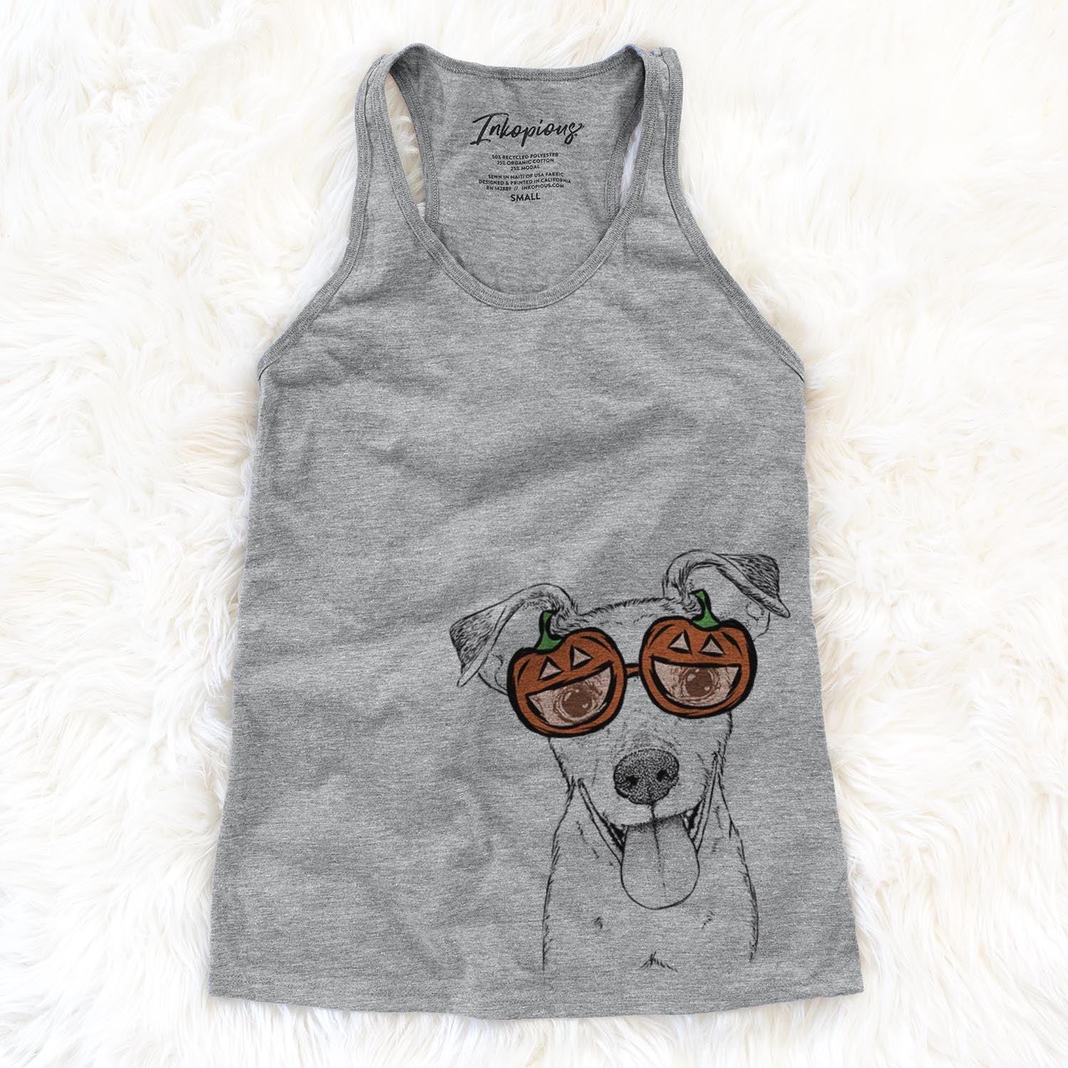 Hand-drawn sketch of Tyler the Mixed Breed wearing pumpkin glasses on a Grey pumpkin collection